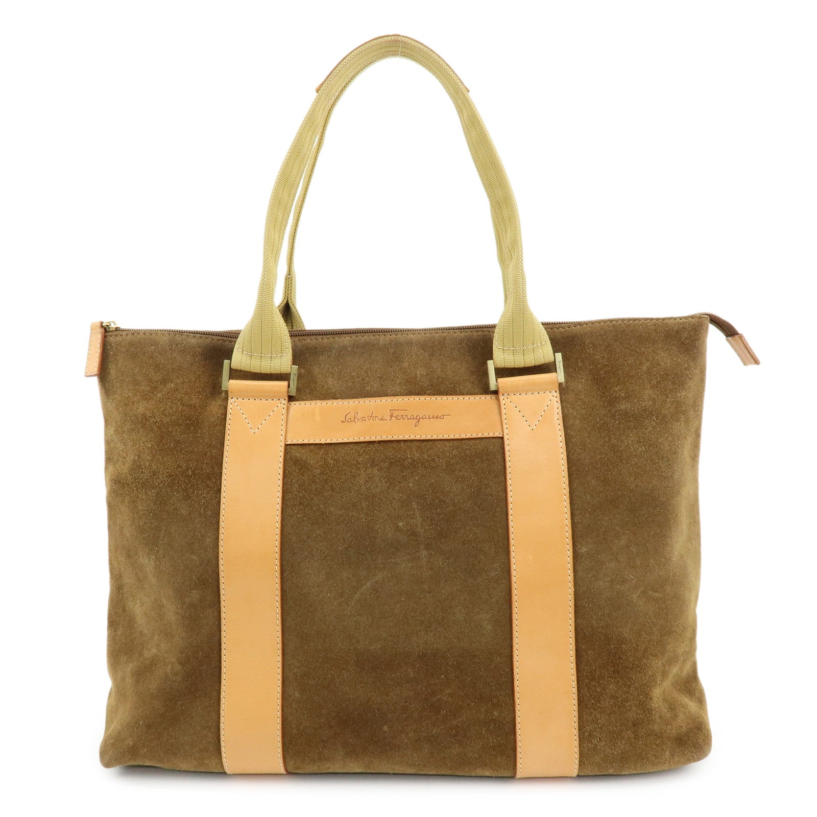 Ferragamo Suede Leather Tote Bag Shoulder Bag Hand Bag Brown