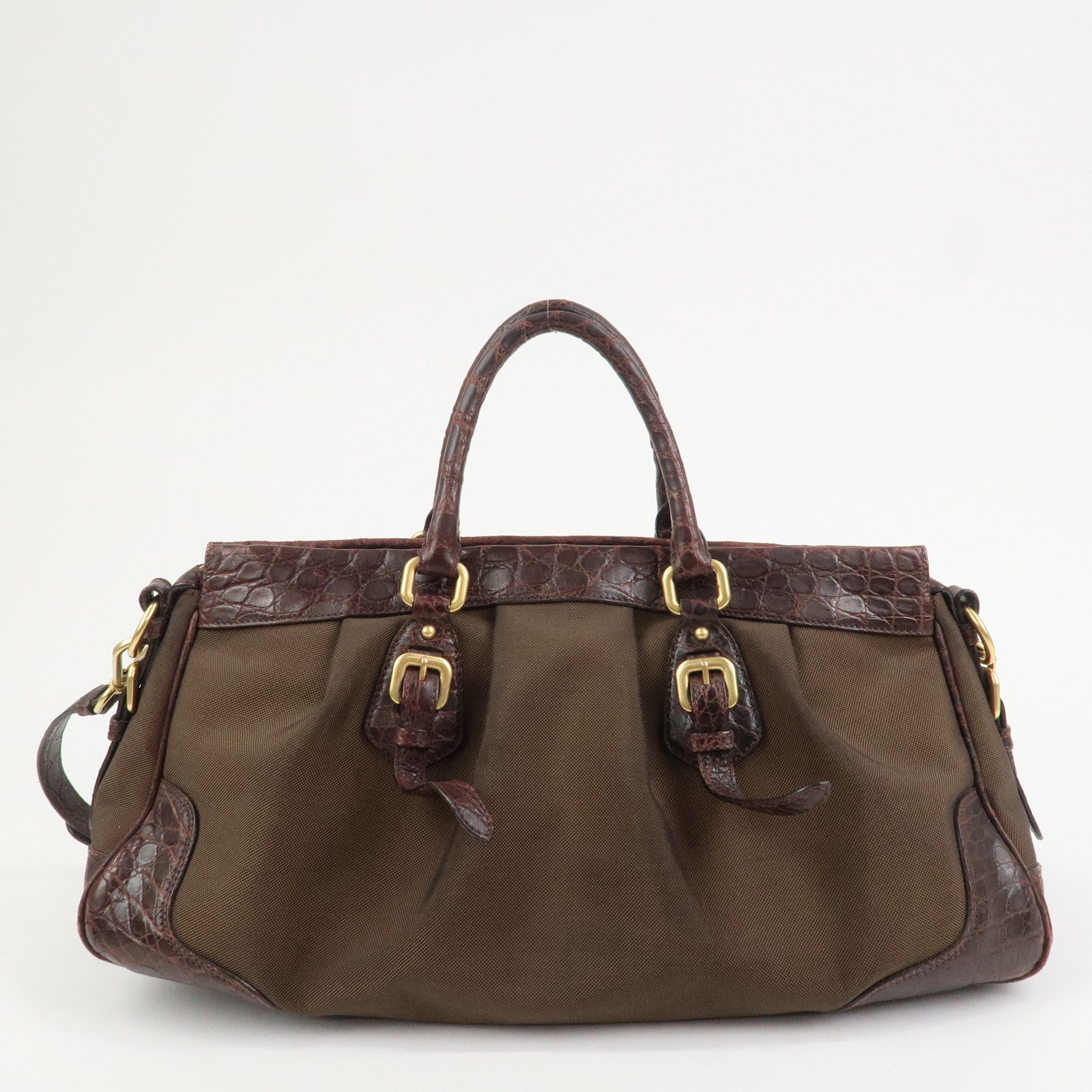 PRADA Logo Canvas Embossed Leather 2Way Shoulder Bag Hand Bag Brown
