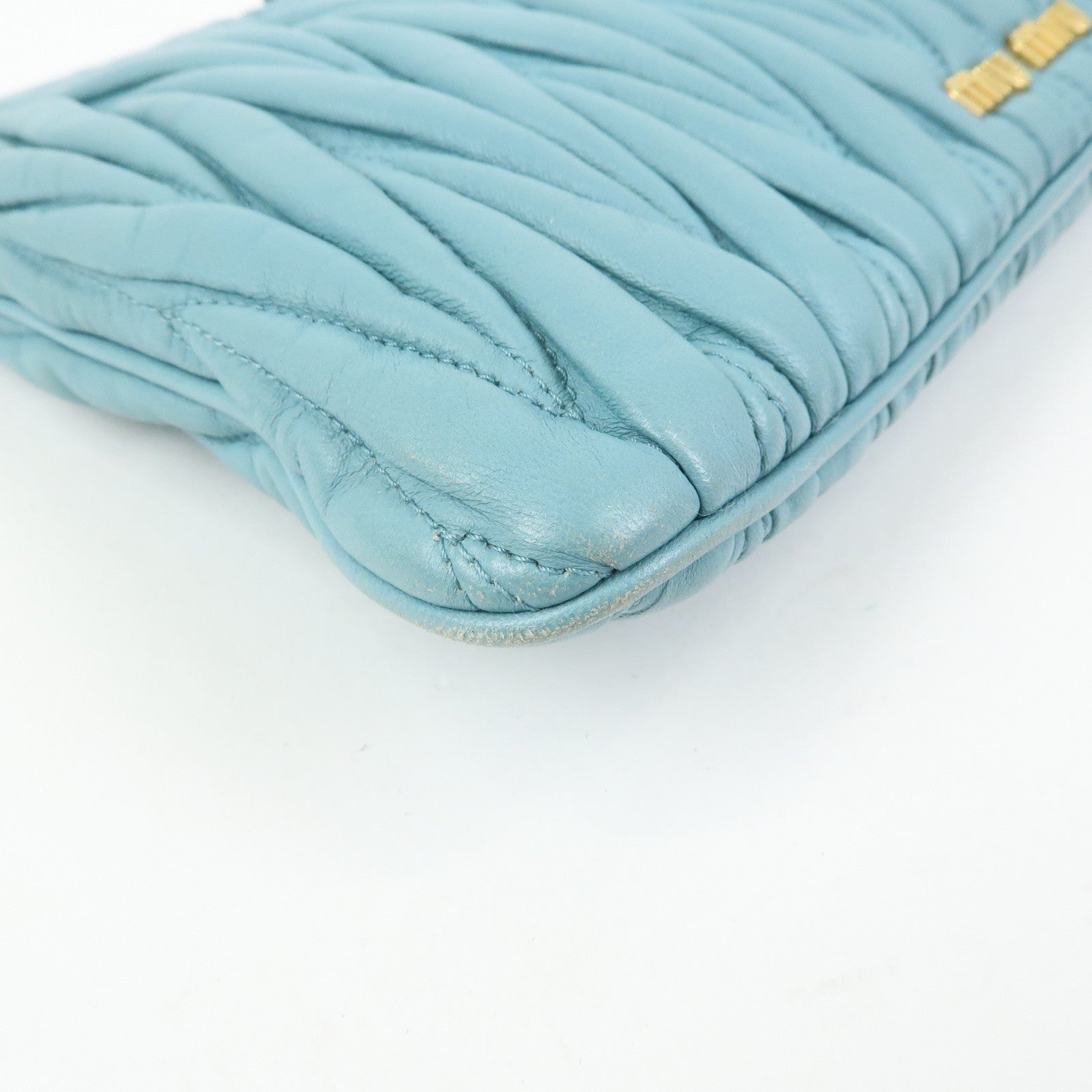MIU MIU Logo Matelasse Nappa Leather Clutch Bag Light Blue 5N1573