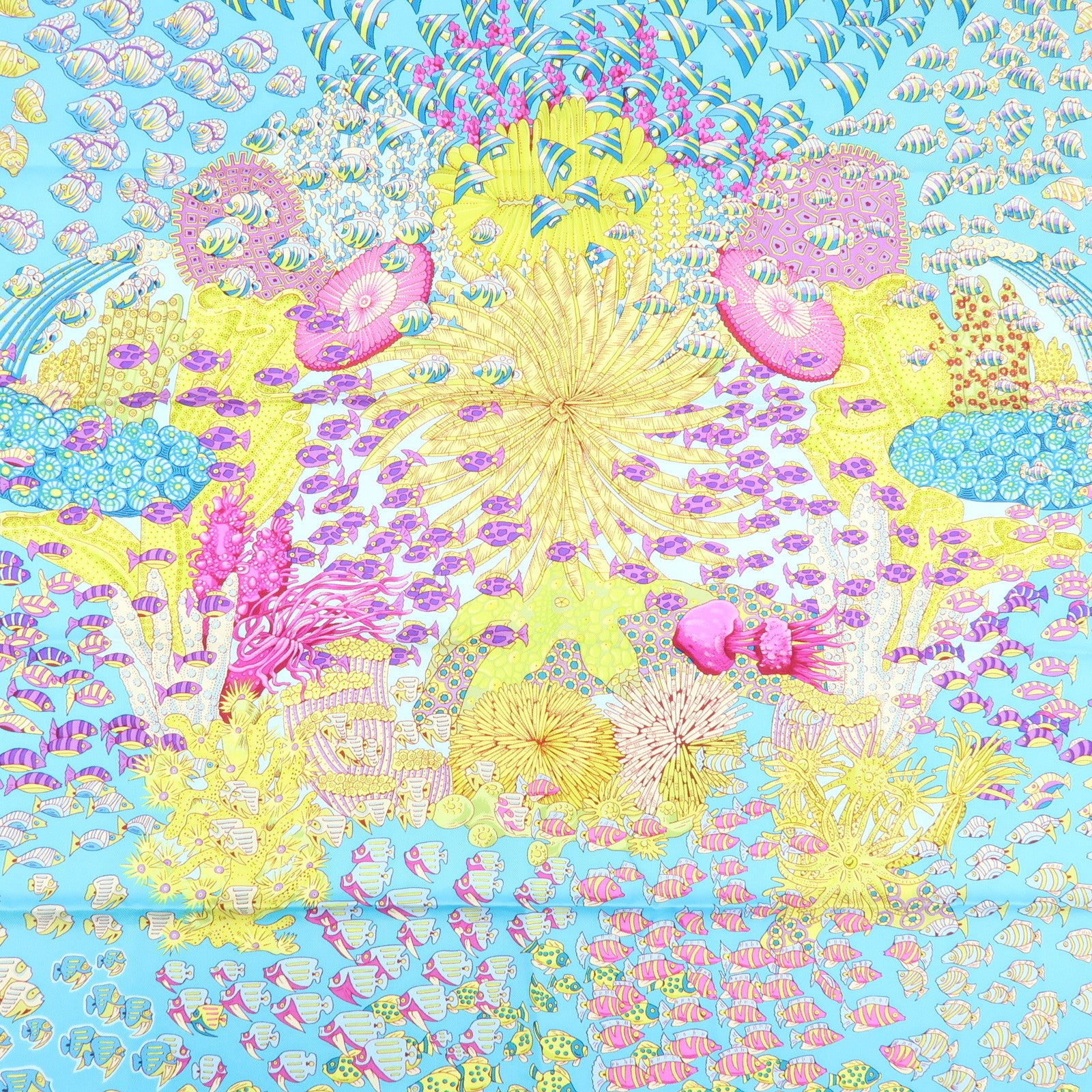 HERMES Carre 90 Silk 100% Scarf RENCONTRE OCEANE Light Blue Yellow