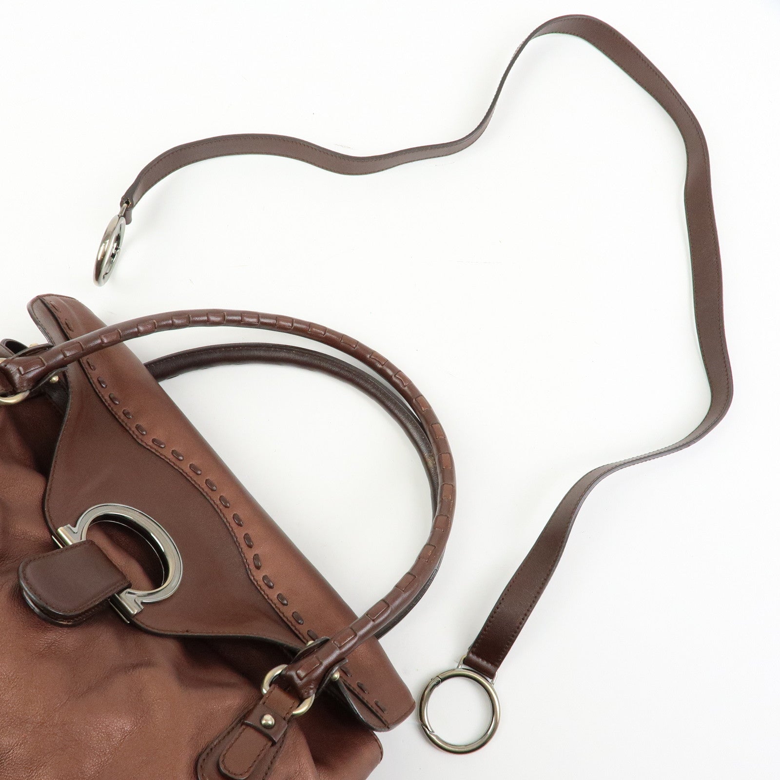 Ferragamo Gancini Leather 2Way Bag Hand Shoulder Bag Metallic Brown