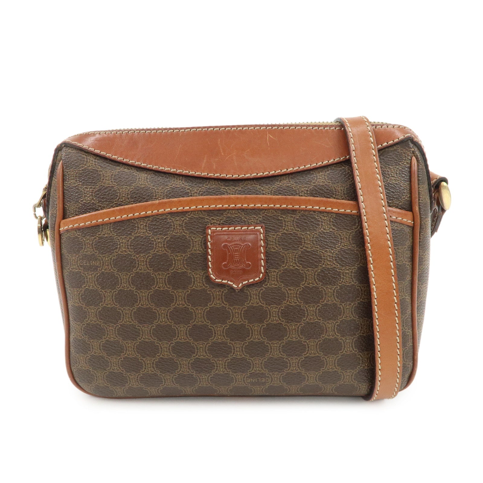 CELINE Macadam Logo Leather Shoulder Bag Brown Gold