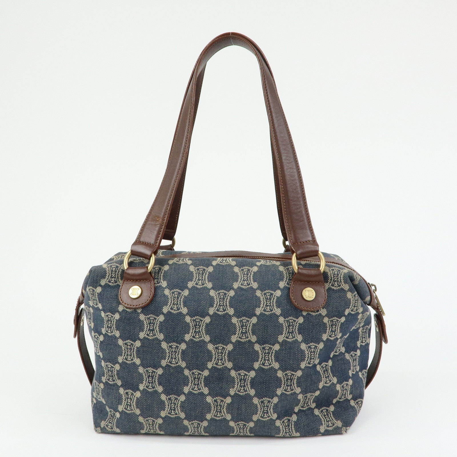 CELINE Macadam Denim Leather Shoulder Bag Hand Bag Blue Brown