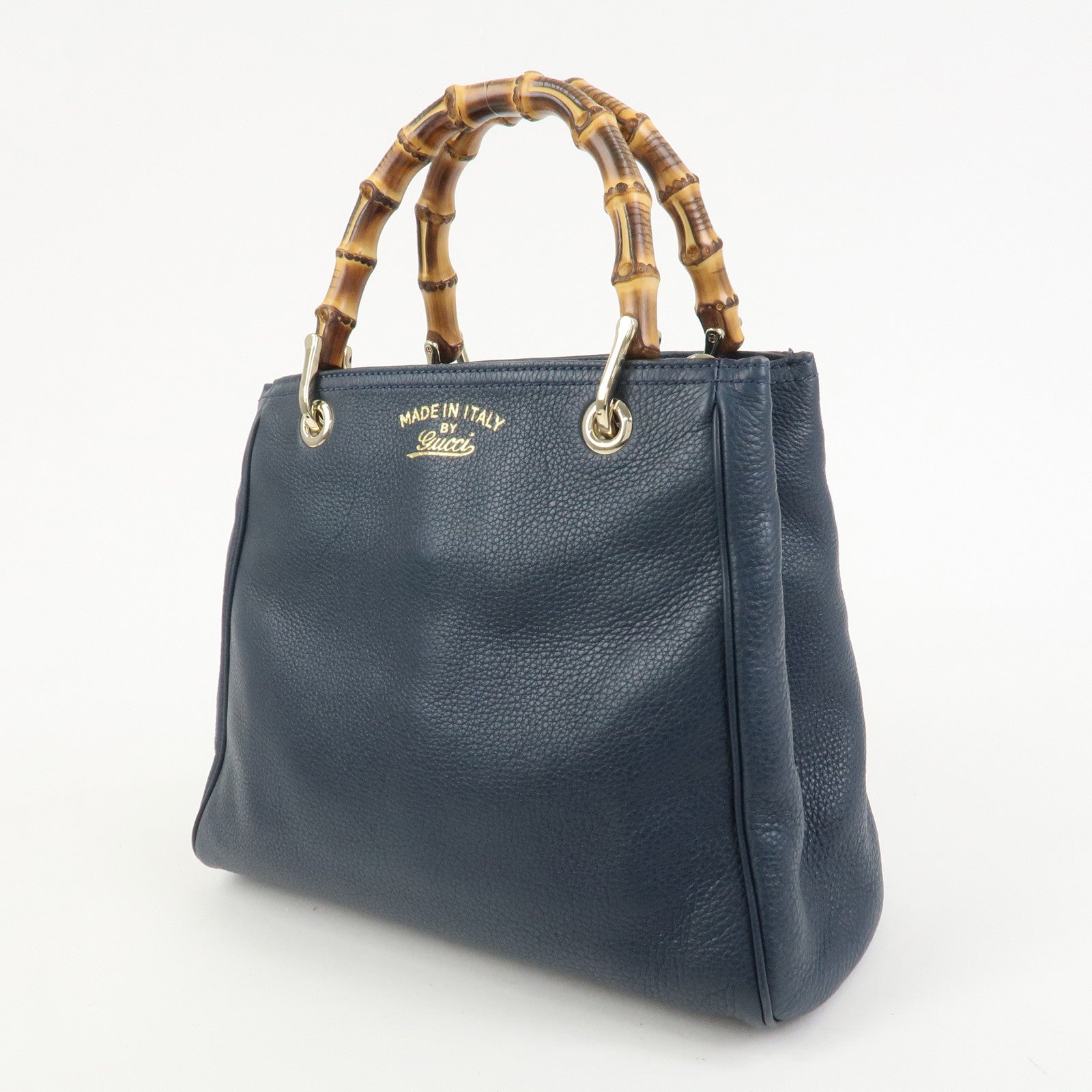 GUCCI Bamboo Shopper Small Leather 2Way Hand Bag Navy 336032