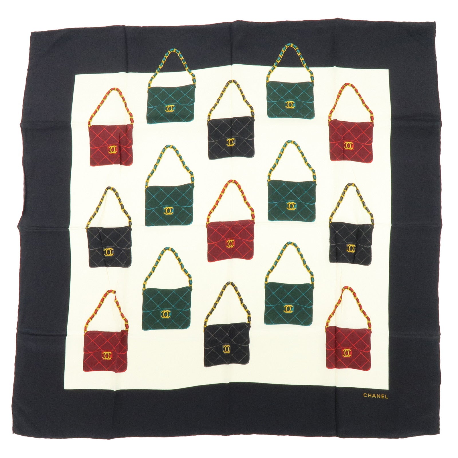 CHANEL Matelasse Silk 100% Scarf Black Green Gold