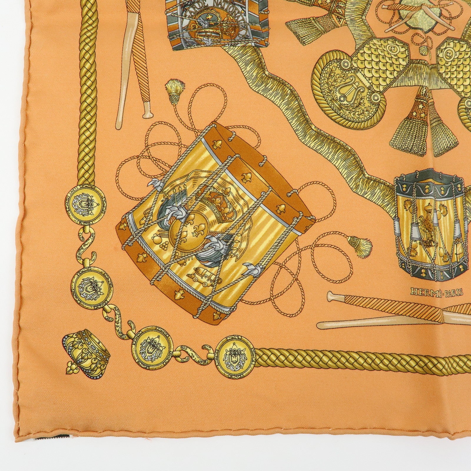 HERMES Carre 45 Silk 100% Scarf LES TAMBOURS Drum Print Orange Gold