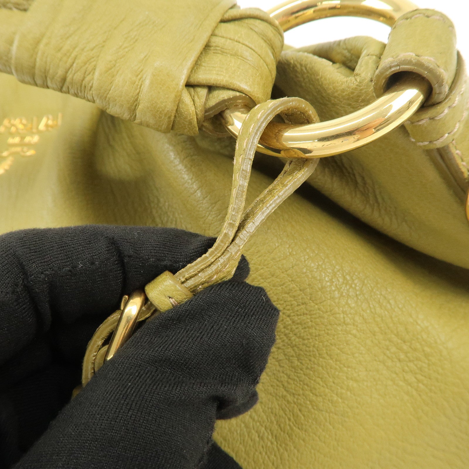 PRADA Logo Leather Shoulder Bag Hand Bag Khaki Gold HDW BR4070