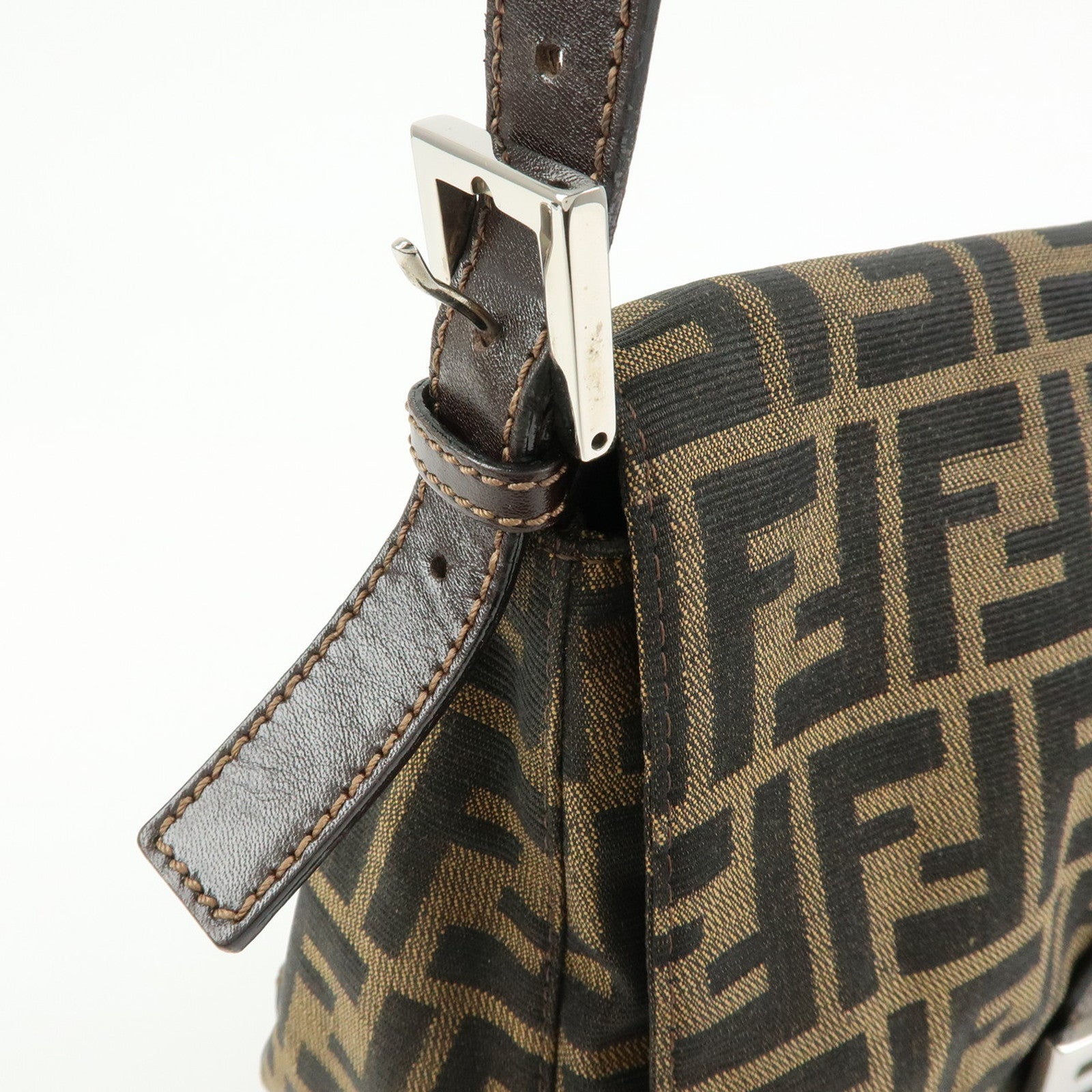 FENDI Mamma Baguette Zucca Canvas Leather Shoulder Bag Brown 26325