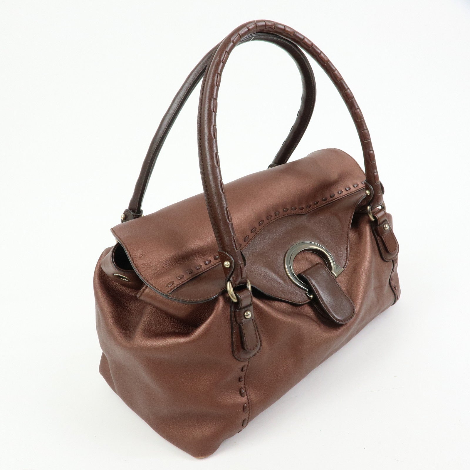 Ferragamo Gancini Leather 2Way Bag Hand Shoulder Bag Metallic Brown