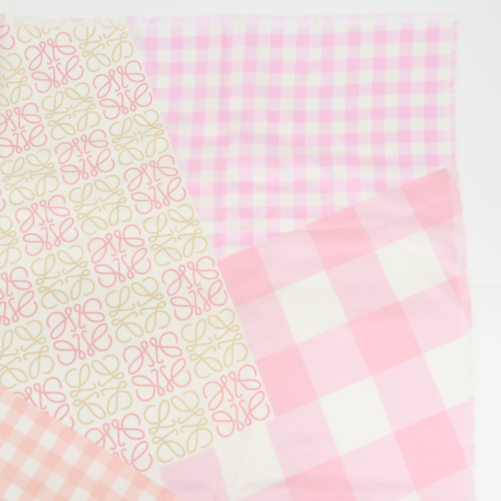LOEWE Anagram Silk 100% Scarf Gingham Check Pink Beige