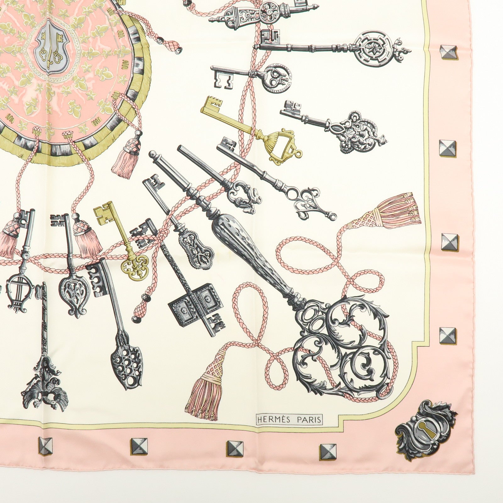 HERMES Carre 90 Silk 100% Scarf LES CLES THE KEYS RARE Ivory Pink