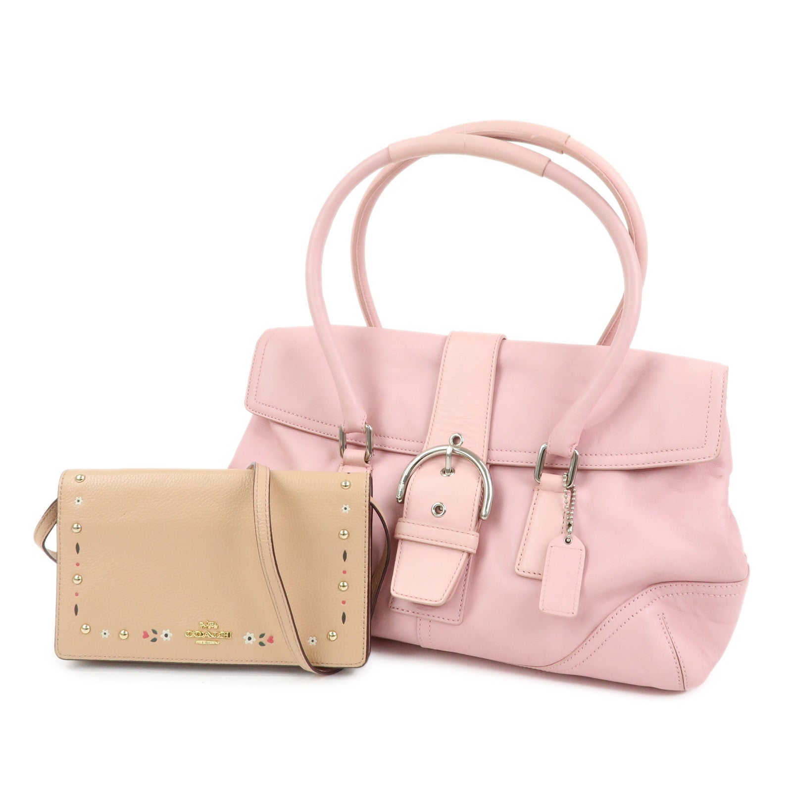 COACH Set of 2 Leather Shoulder Bag Shoulder Wallet Pink Beige