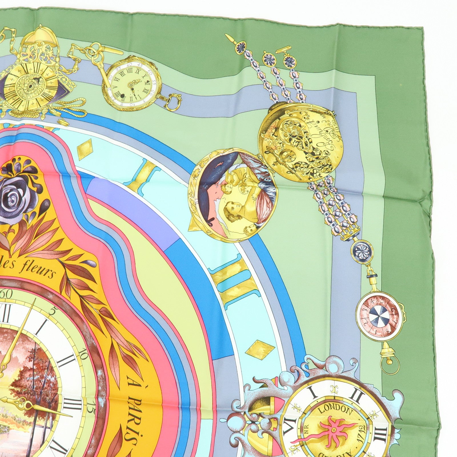 HERMES Carre 90 Silk 100% Scarf la ronde des heures Green Gray Pink