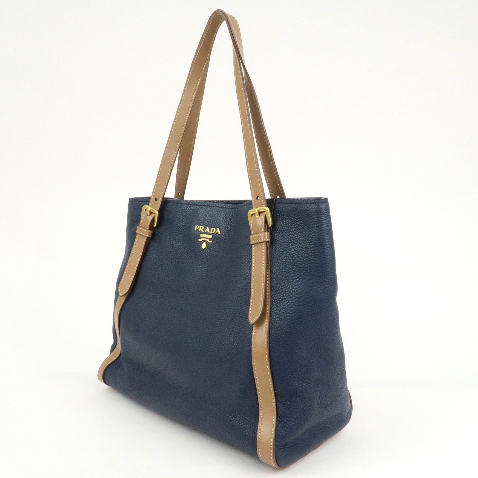 PRADA Logo Leather Tote Bag Shoulder Bag Navy Light Brown 1BG064