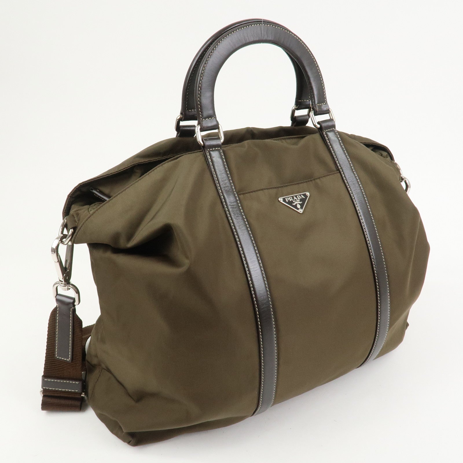 PRADA Triangle Logo Nylon Leather 2Way Hand Bag Shoulder Bag Khaki