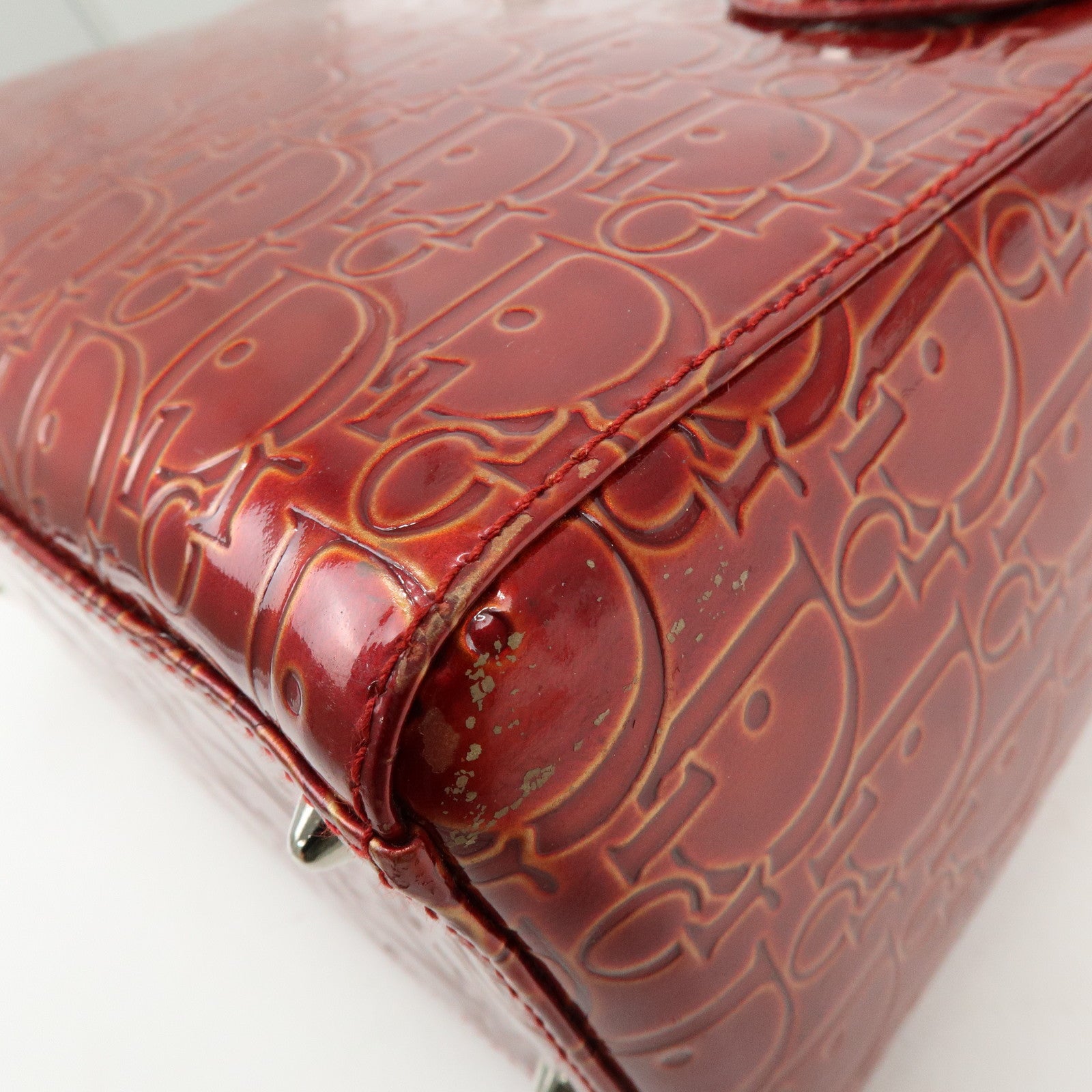 Christian Dior Lady Dior Patent Leather Hand Bag Dior Logo Red