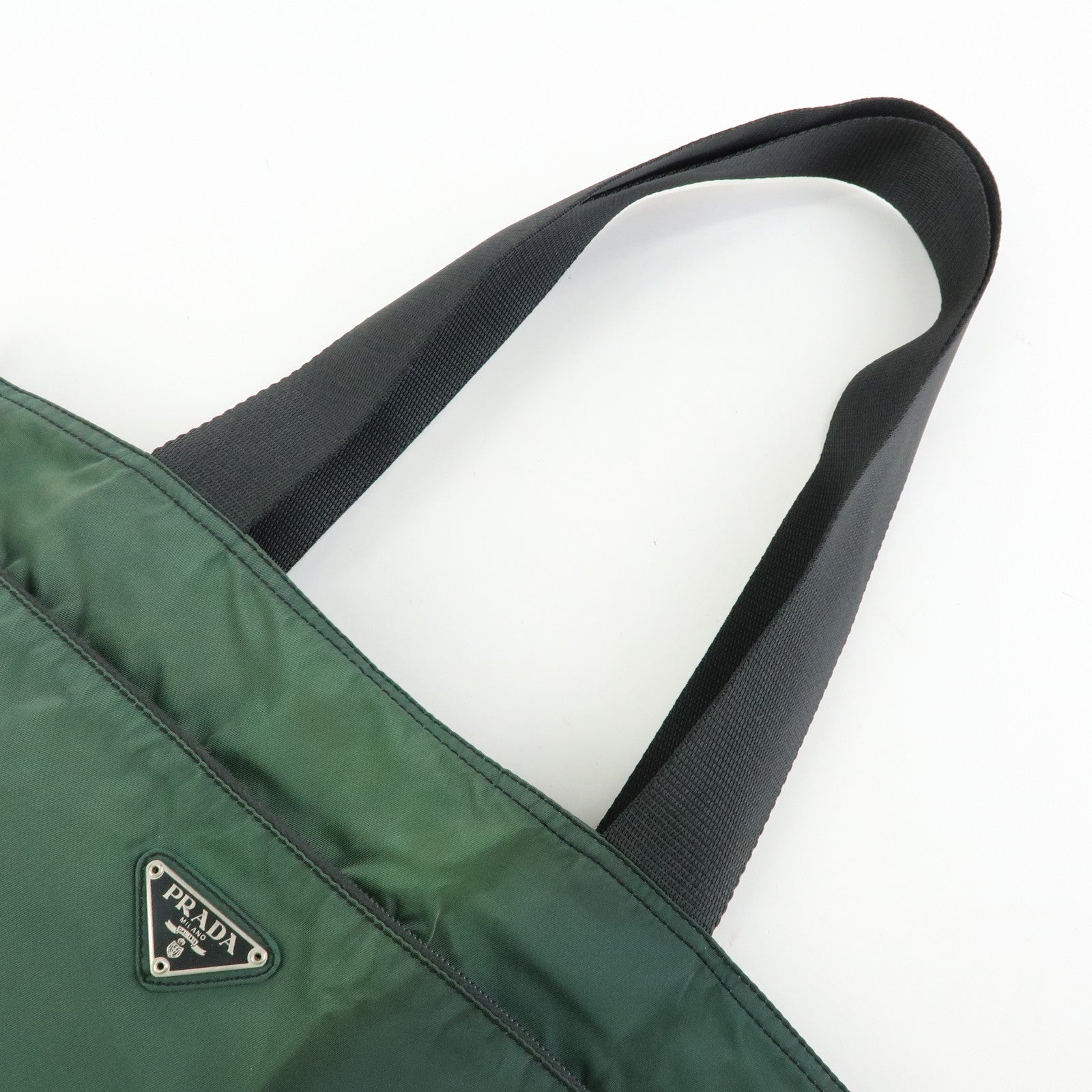 PRADA Triangle Logo Nylon Leather Tote Bag Hand Bag Moss Green
