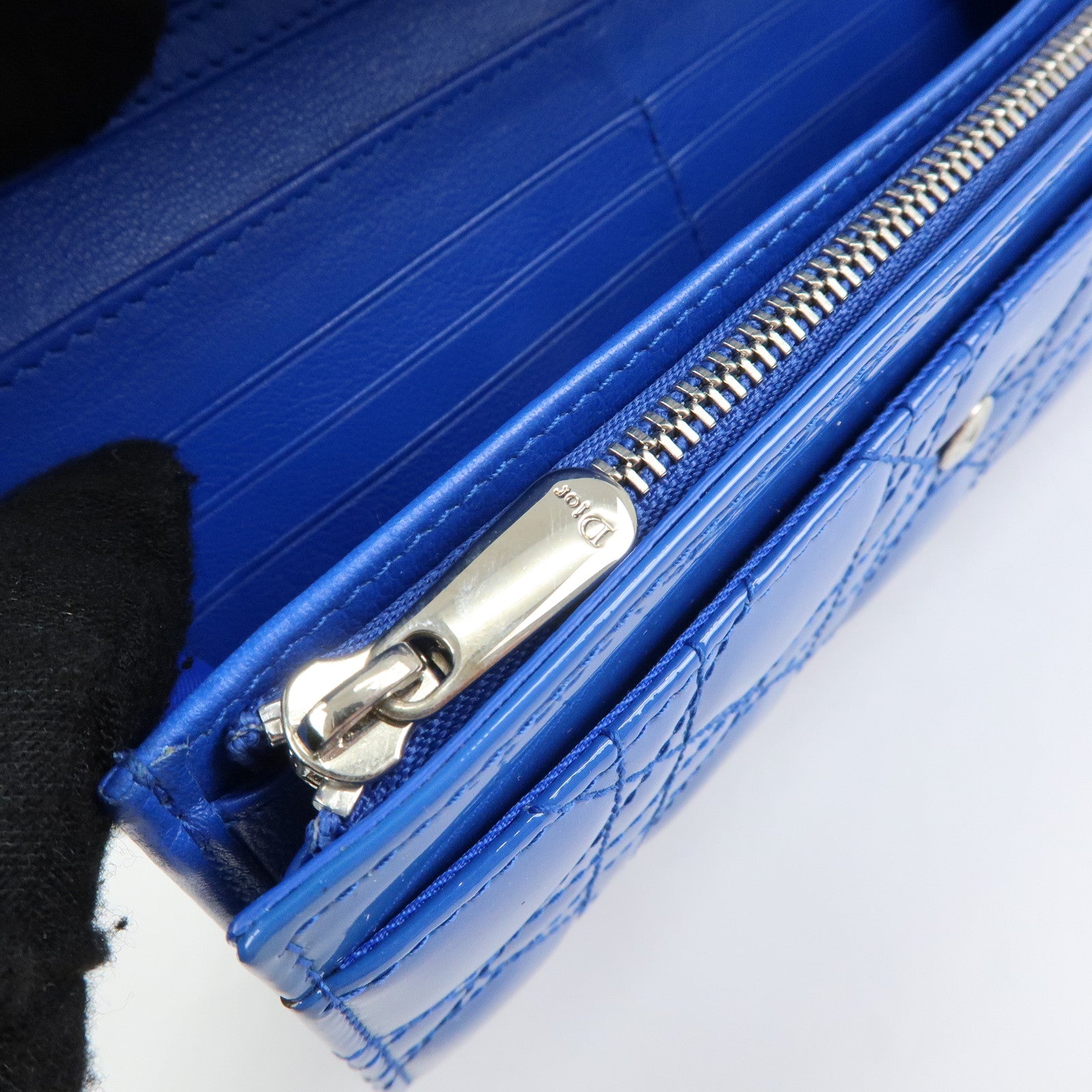 Christian Dior Cannage Patent Leather Chain Wallet WOC Blue Silver
