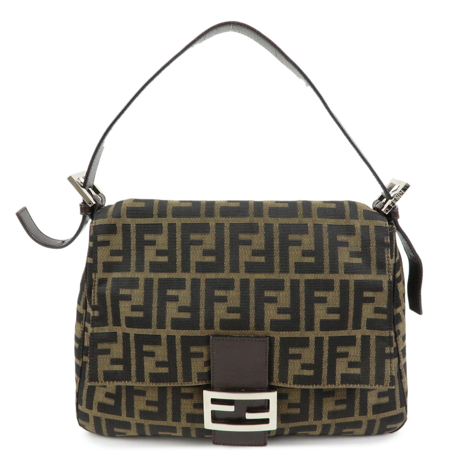 FENDI Mamma Baguette Zucca Canvas Leather Shoulder Bag Brown 26325