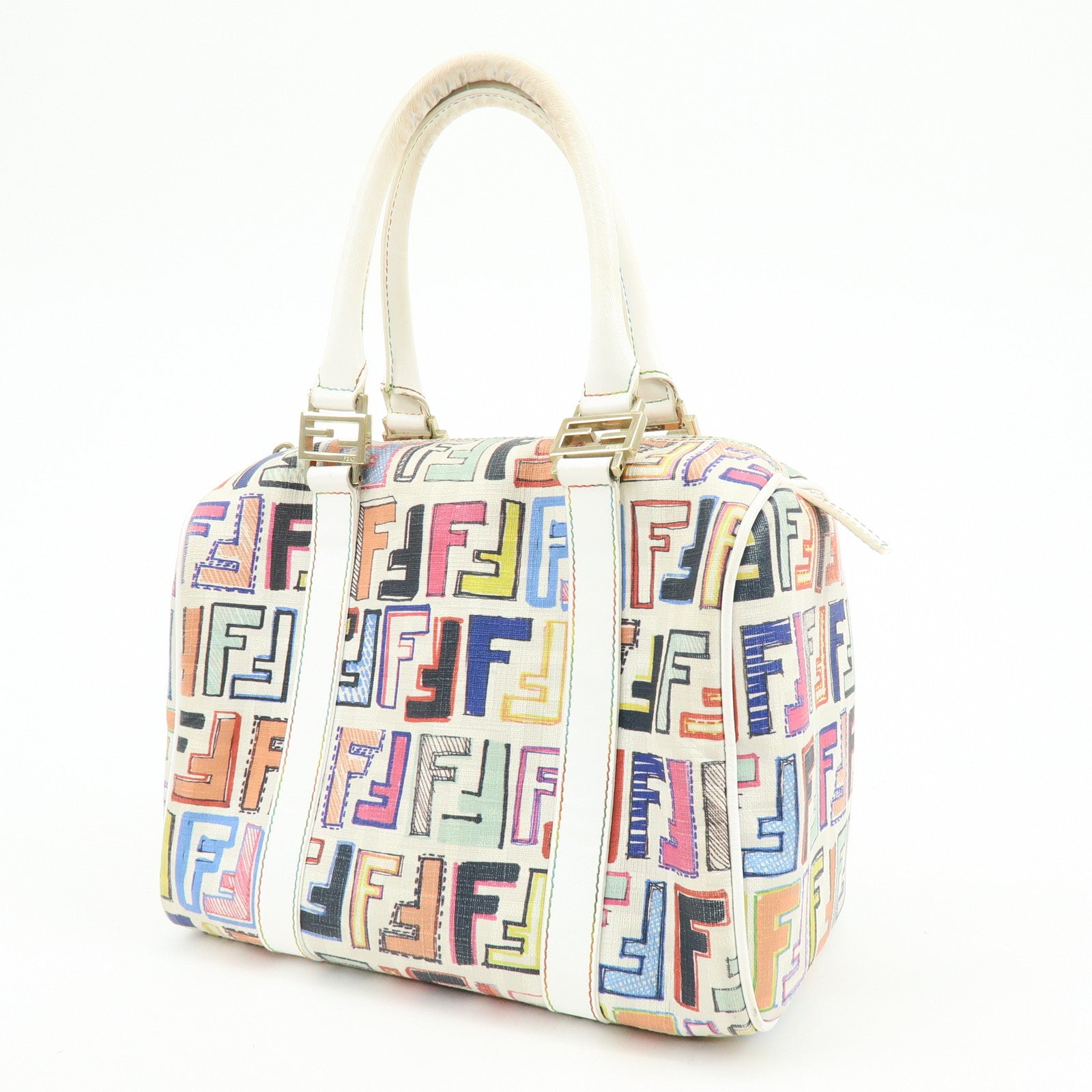FENDI Zucca PVC Canvas Leather Boston Bag White Multicolor 8BL068