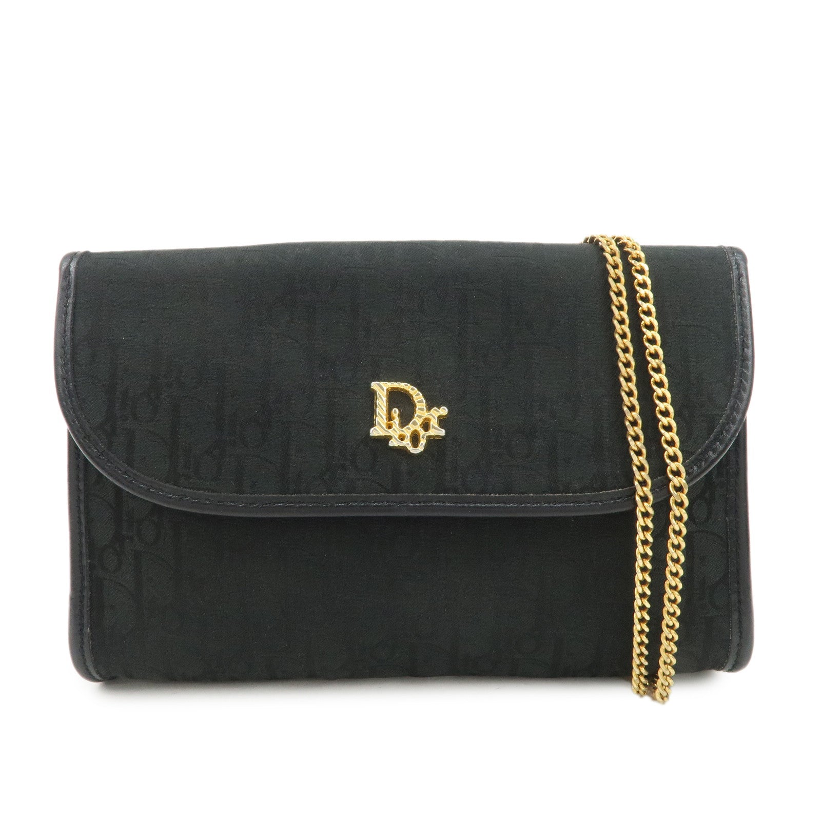 Christian Dior Trotter Leather Canvas Chain Shoulder Bag Black