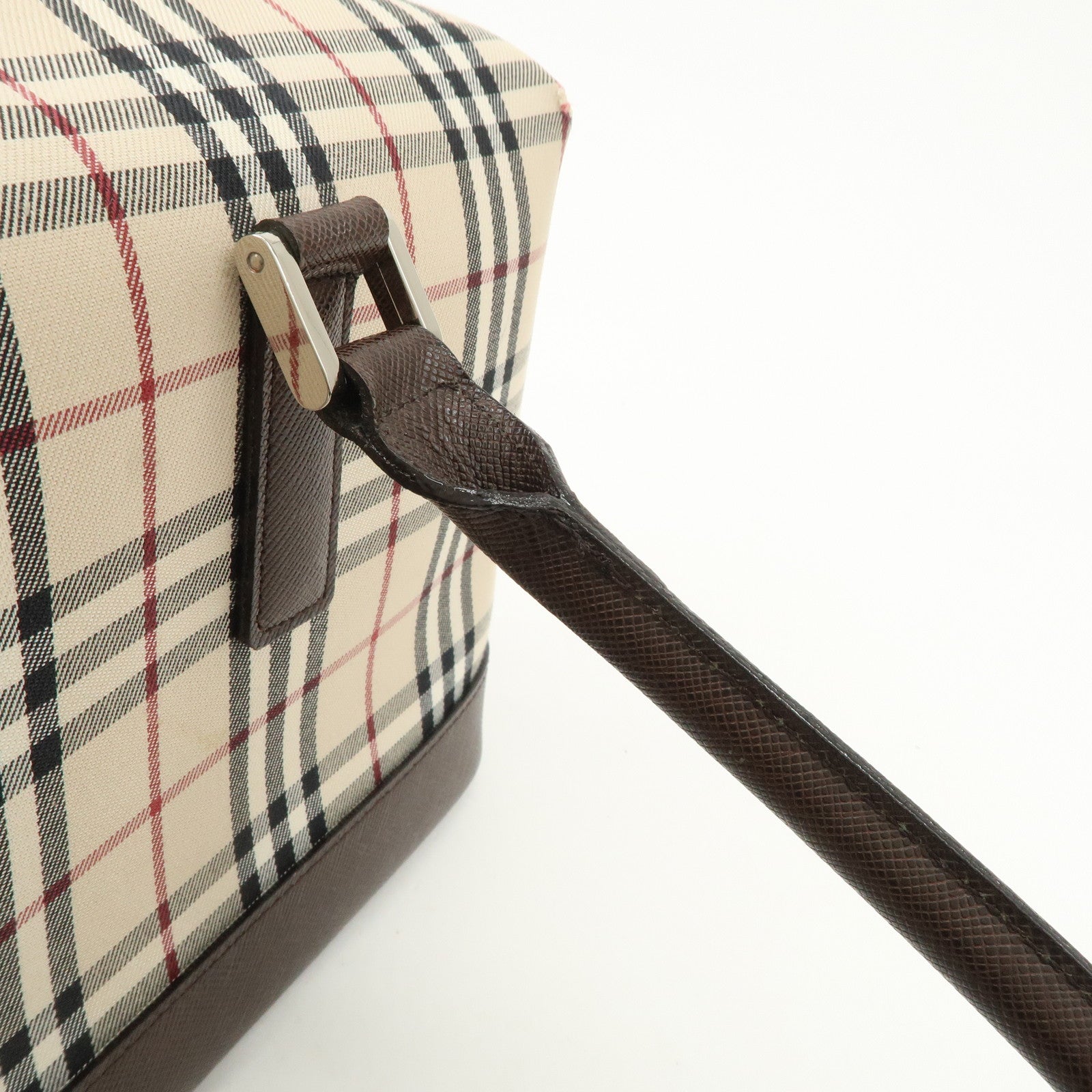 BURBERRY Leather Canvas Boston Bag Hand Bag Nova Plaid Brown Used