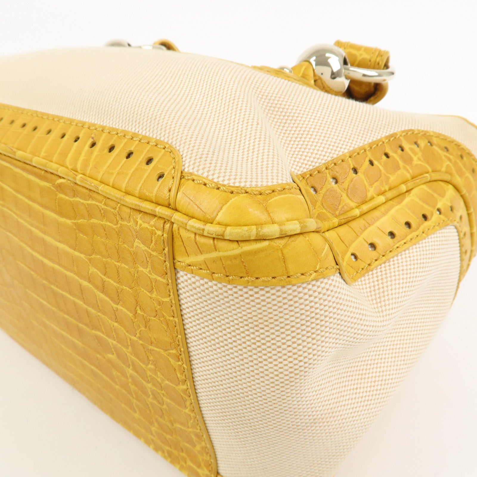 CELINE Boogie Bag Canvas Embossed Leather Hand Bag Natural Yellow