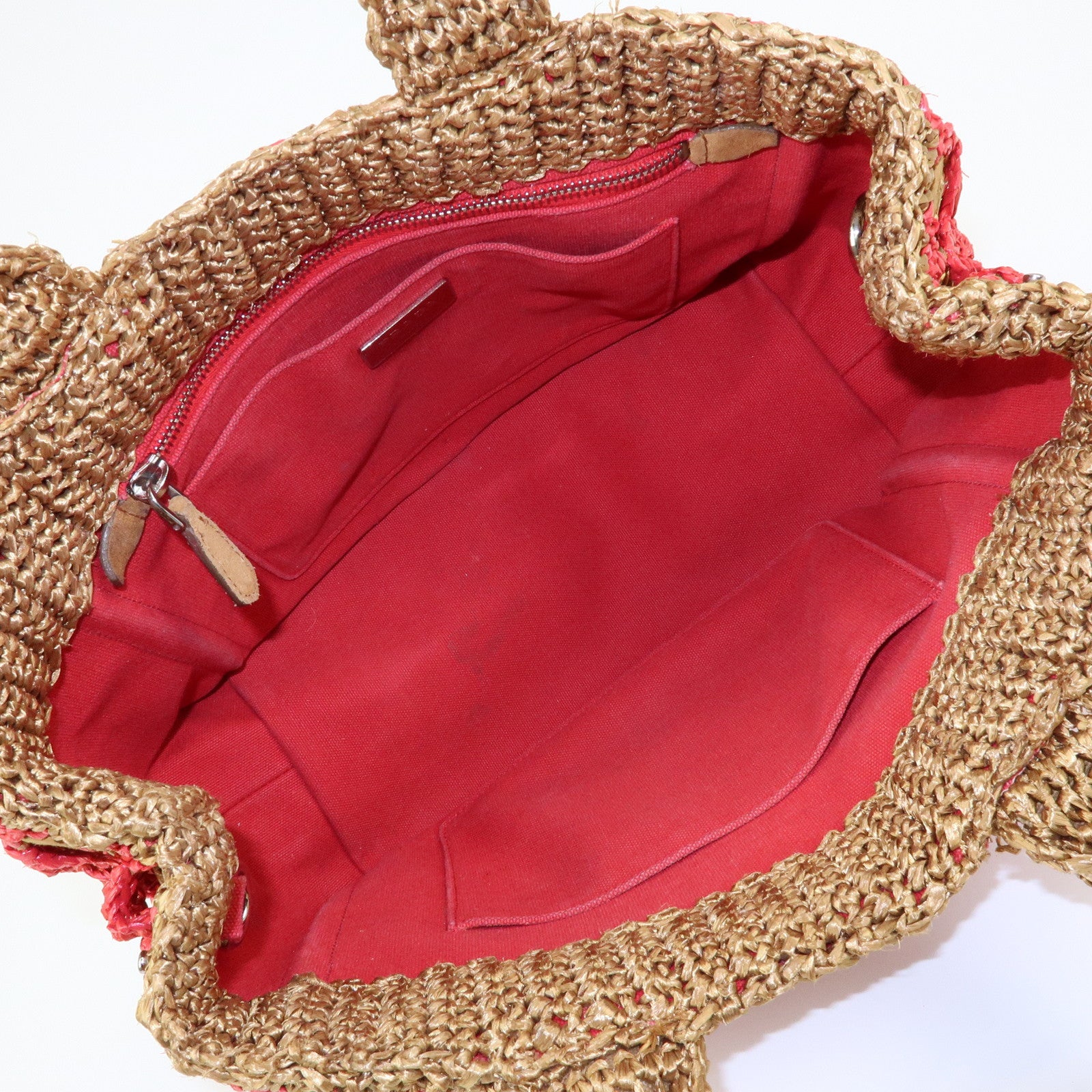 PRADA Triangle Logo Raffia 2Way Bag Hand Bag Shoulder Bag Red Brown