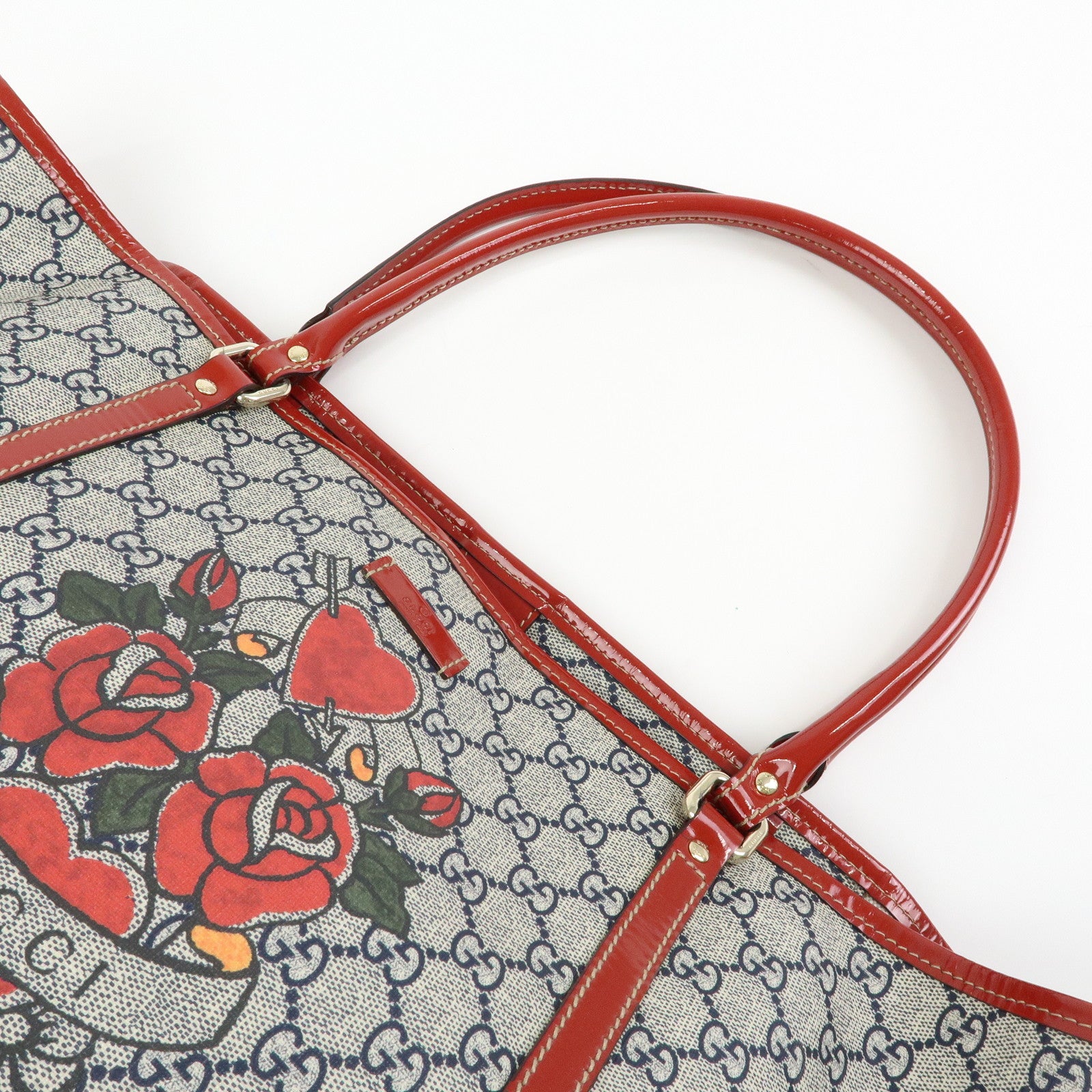 GUCCI JOY Collection GG Supreme Patent Leather Tote Bag Navy Red