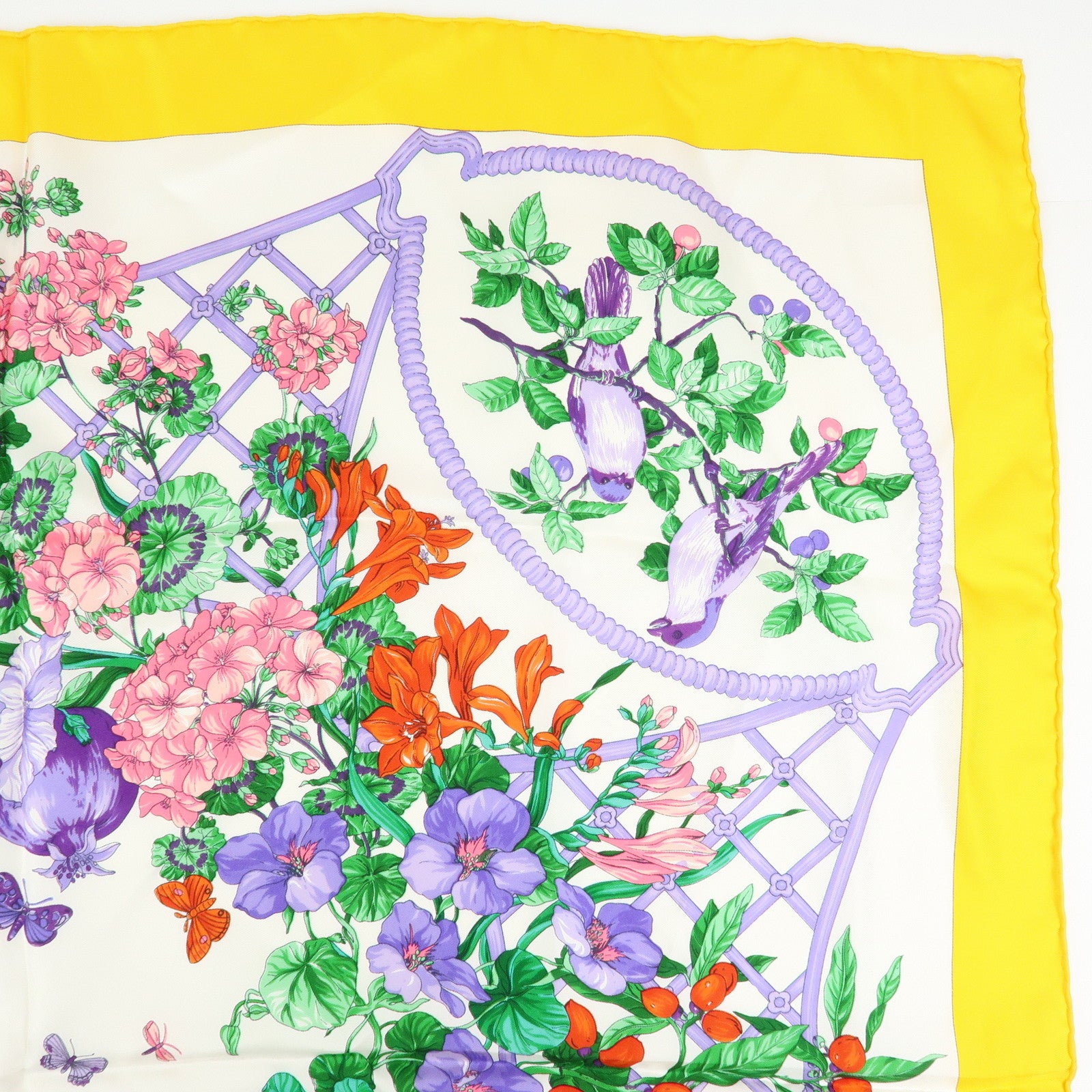 Christian Dior Silk 100% Scarf Botanical Pattern 87×87 White Yellow