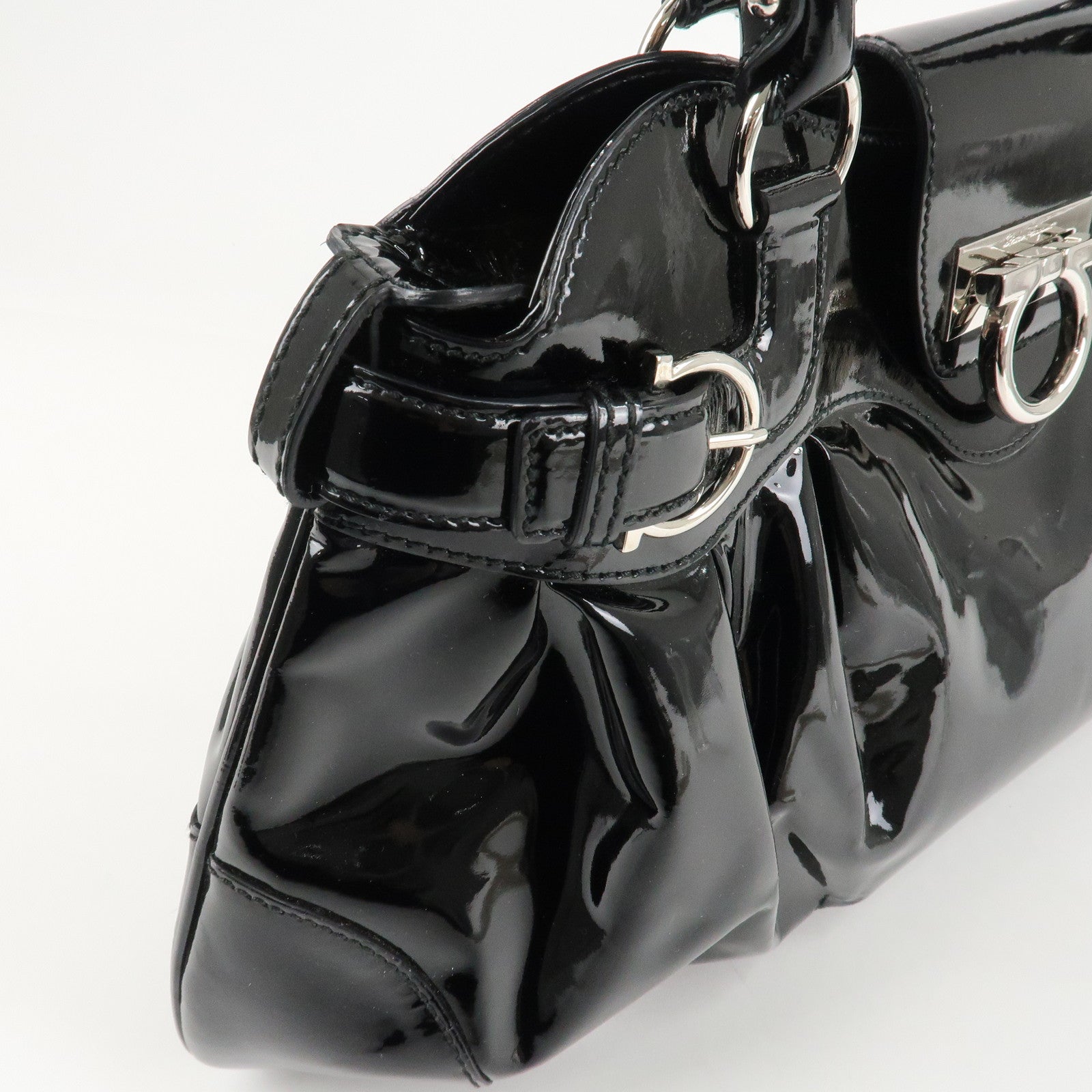 Ferragamo Gancini Patent Leather Shoulder Bag Black Silver HDW Used