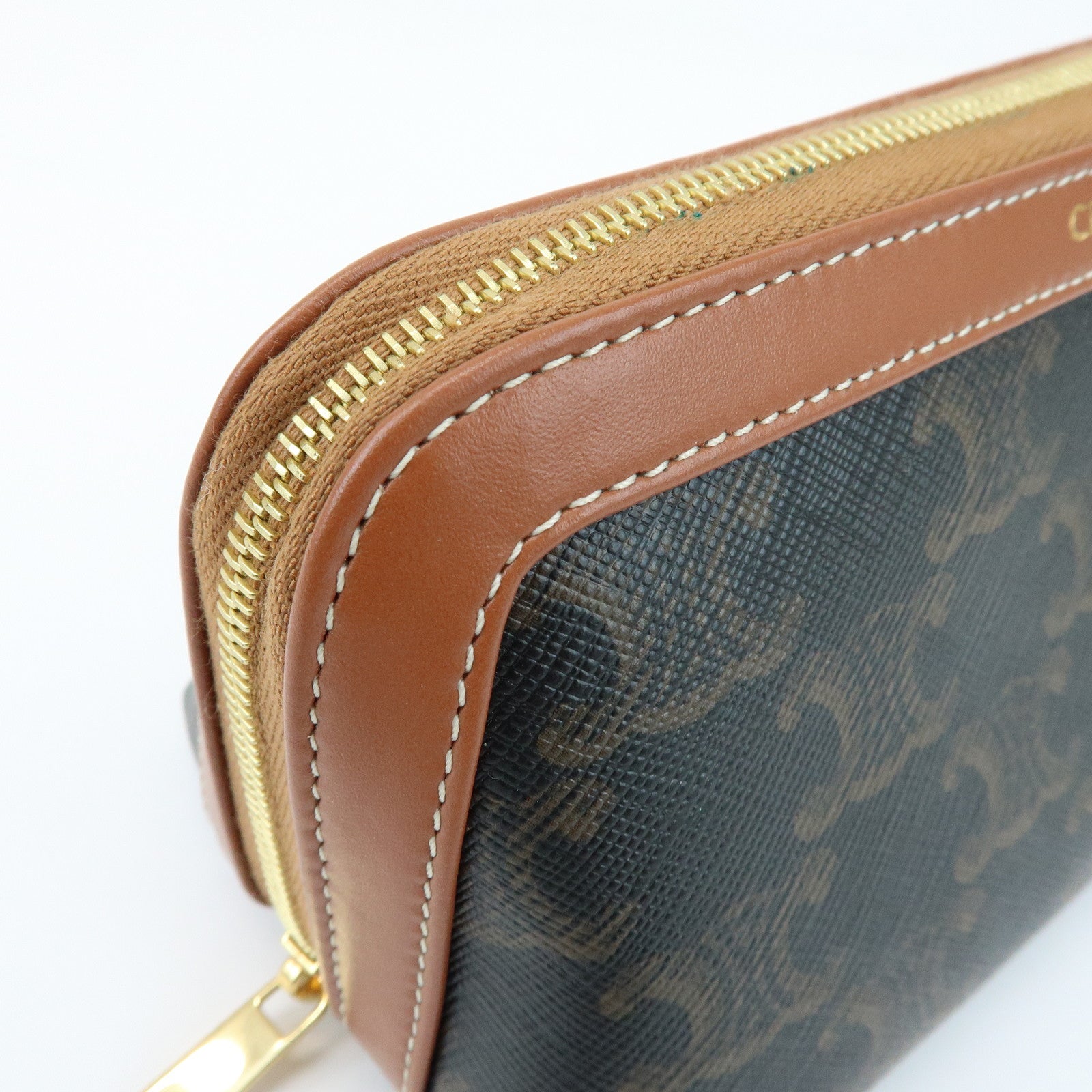 CELINE Triomphe PVC Calf Leather Cosmetic Pouch Accessory Pouch Tan