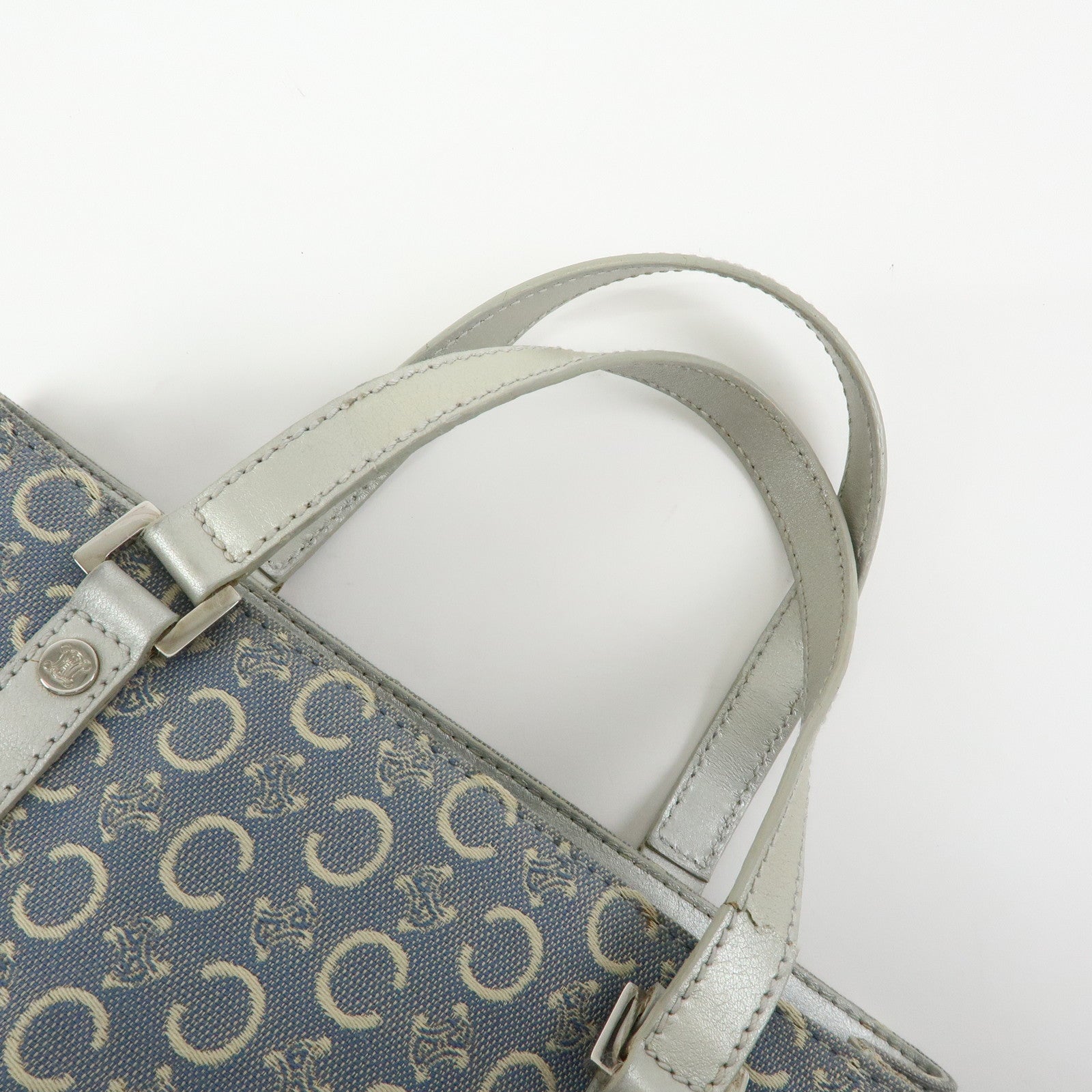CELINE C Macadam Canvas Leather Tote Bag Hand Bag Light Blue Silver