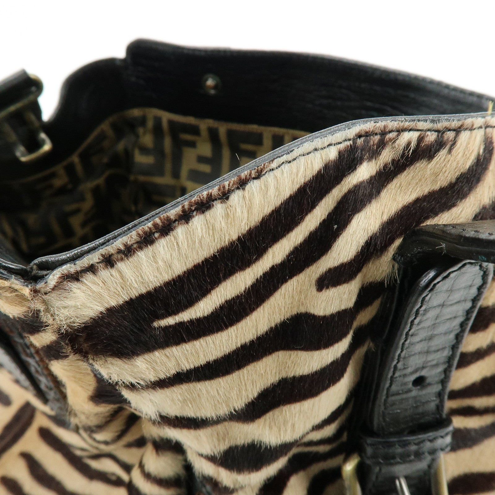 FENDI Etnico Calf Hair Leather Tote Bag Shoulder Bag Brown 8BN162