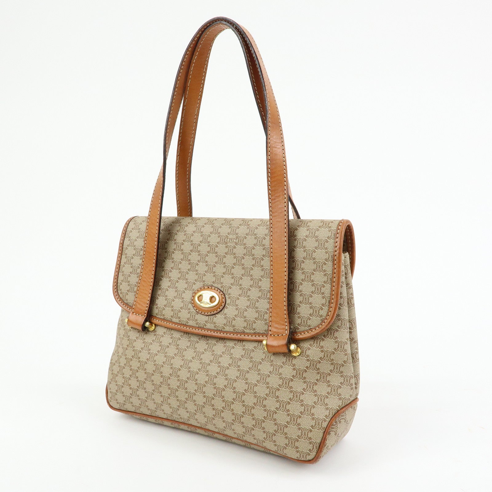 CELINE Logo Macadam PVC Leather Hand Bag Shoulder Bag Beige Brown