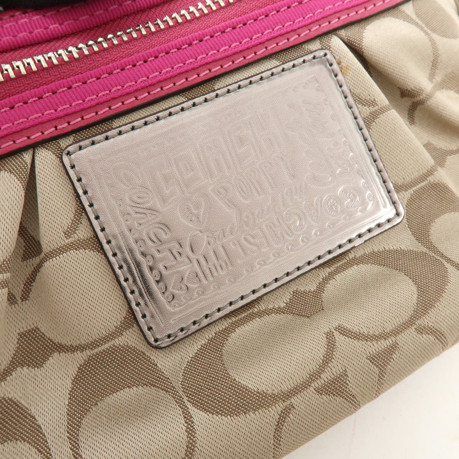 COACH Poppy Signature Nylon Leather Hand Bag Beige Pink