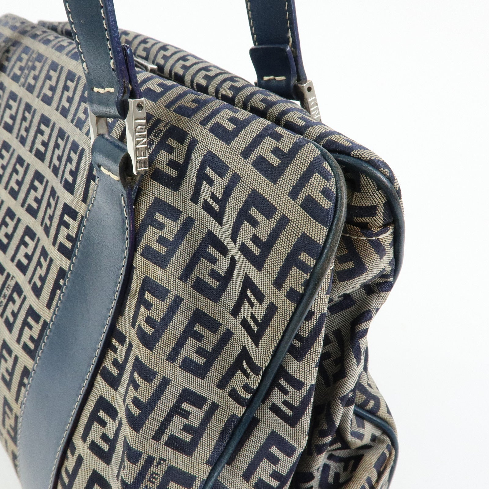 FENDI Zucchino Canvas Leather Tote Bag Shoulder Bag Boston Bag Navy