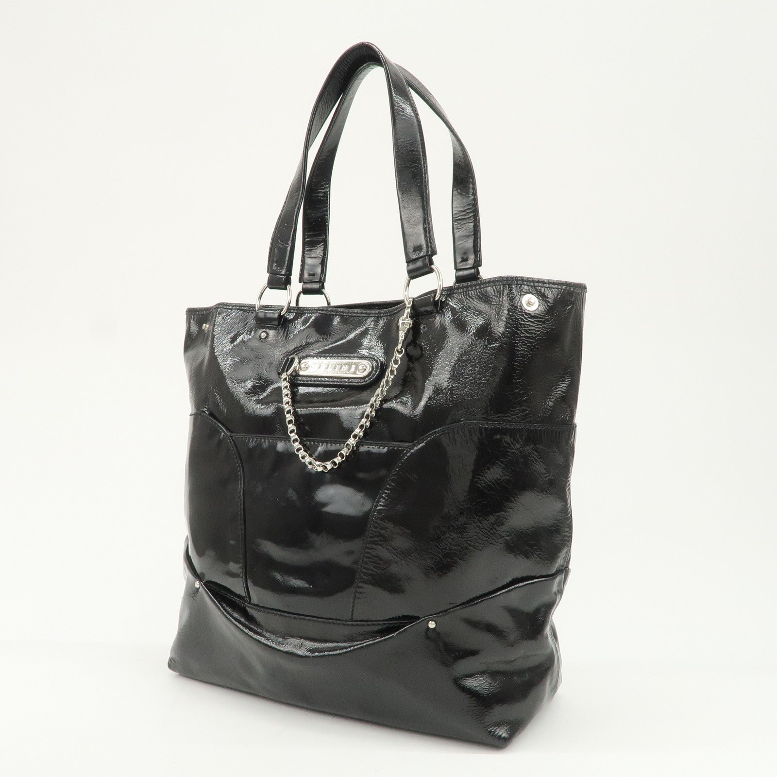 CELINE Logo Patent Leather Tote Bag Hand Bag Shoulder Bag Black