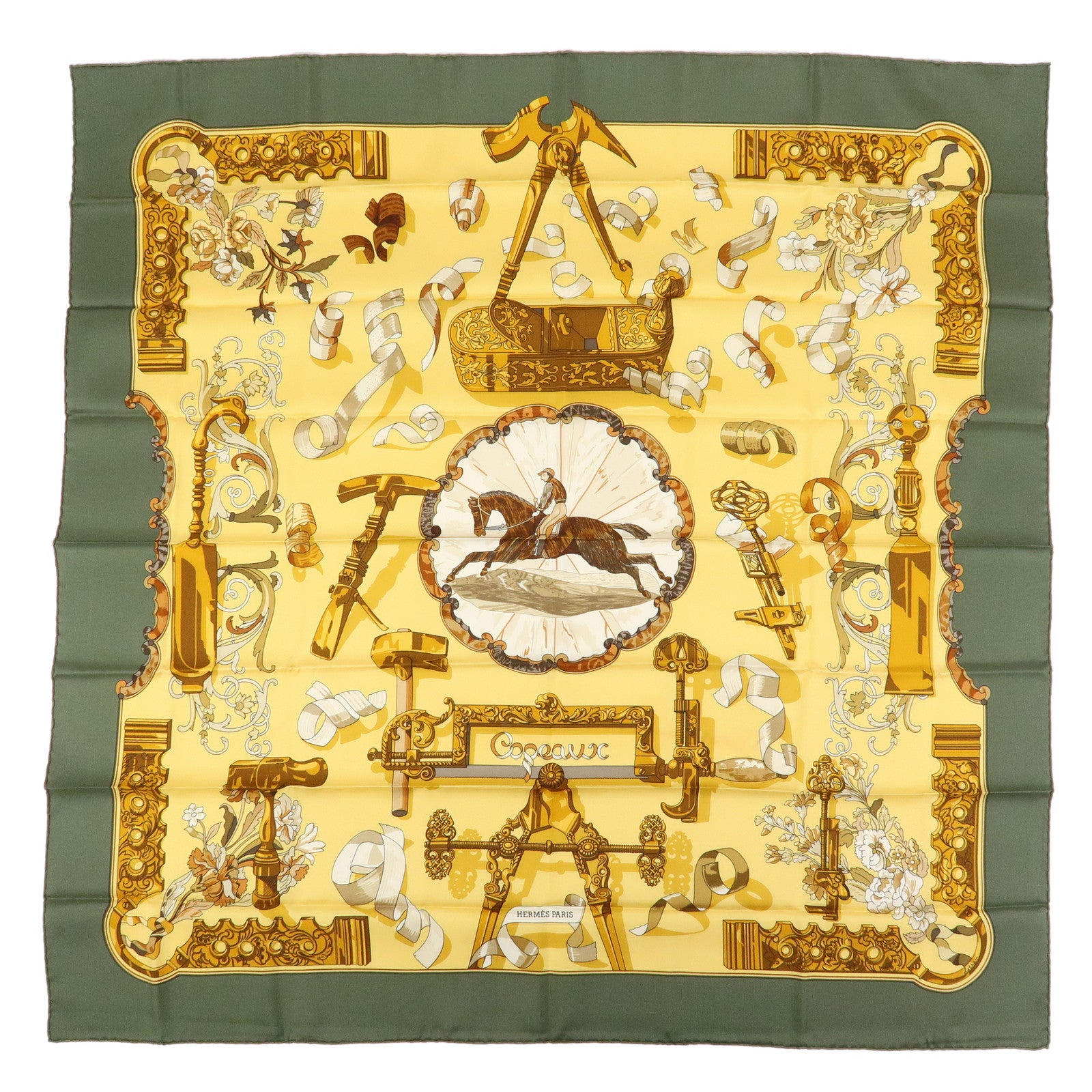 HERMES Carre 90 Silk 100% Scarf Copeaux Gold Yellow Moss Green