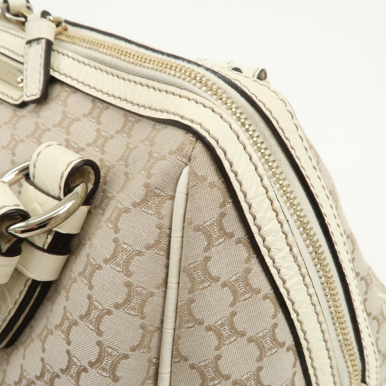 CELINE Macadam Canvas Leather Boston Bag Hand Bag Beige Ivory
