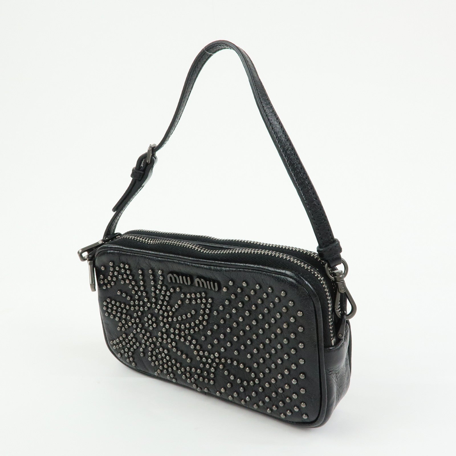 MIU MIU Logo Leather Mini Hand Bag Pouch Studs Black