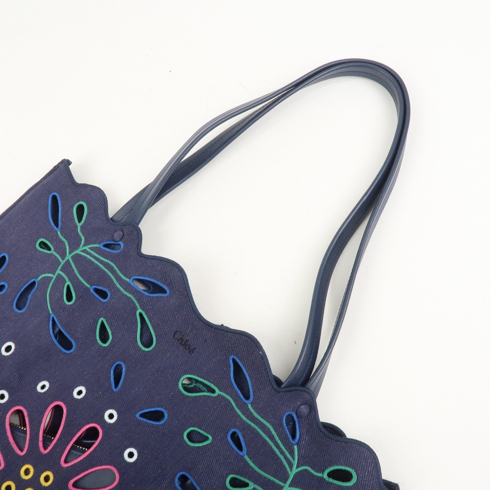 Chloe Kamilla Canvas Leather Tote Bag Shoulder Bag Navy Multicolor