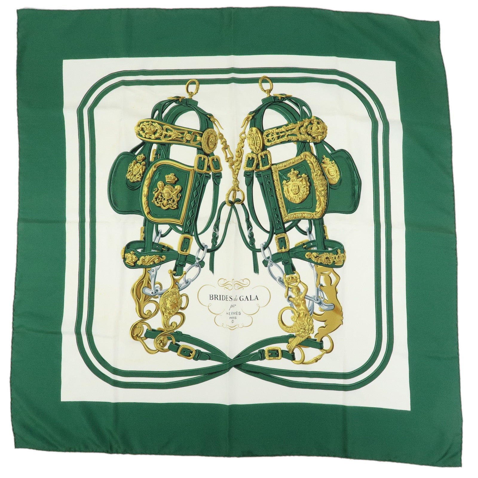HERMES Carre 90 Silk 100% Scarf BRIDES DE GALA Bridle Green White