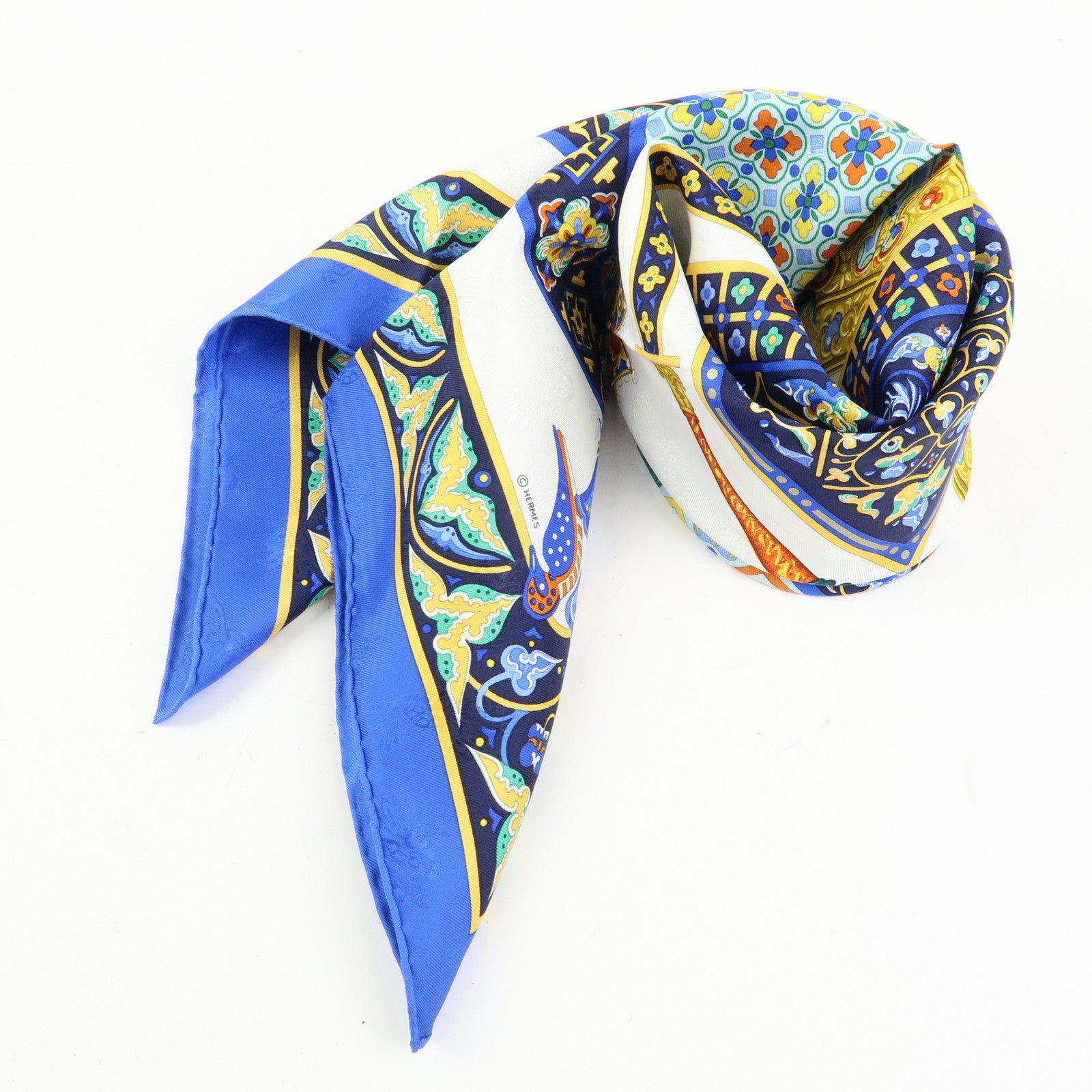 HERMES Carre 90 Silk 100% Scarf CIELS BYZANTINS Blue White