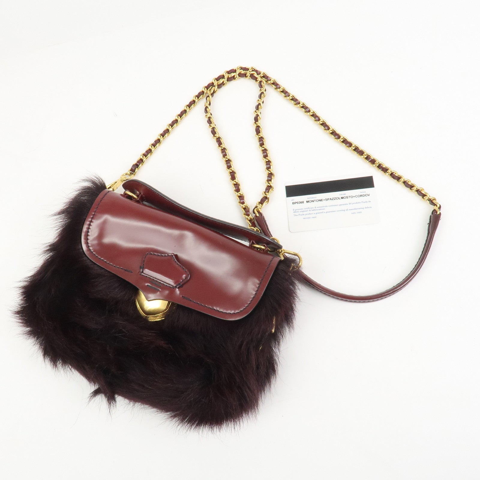PRADA Leather Fur Chain Shoulder Bag Crossbody Bag Brown BP0368
