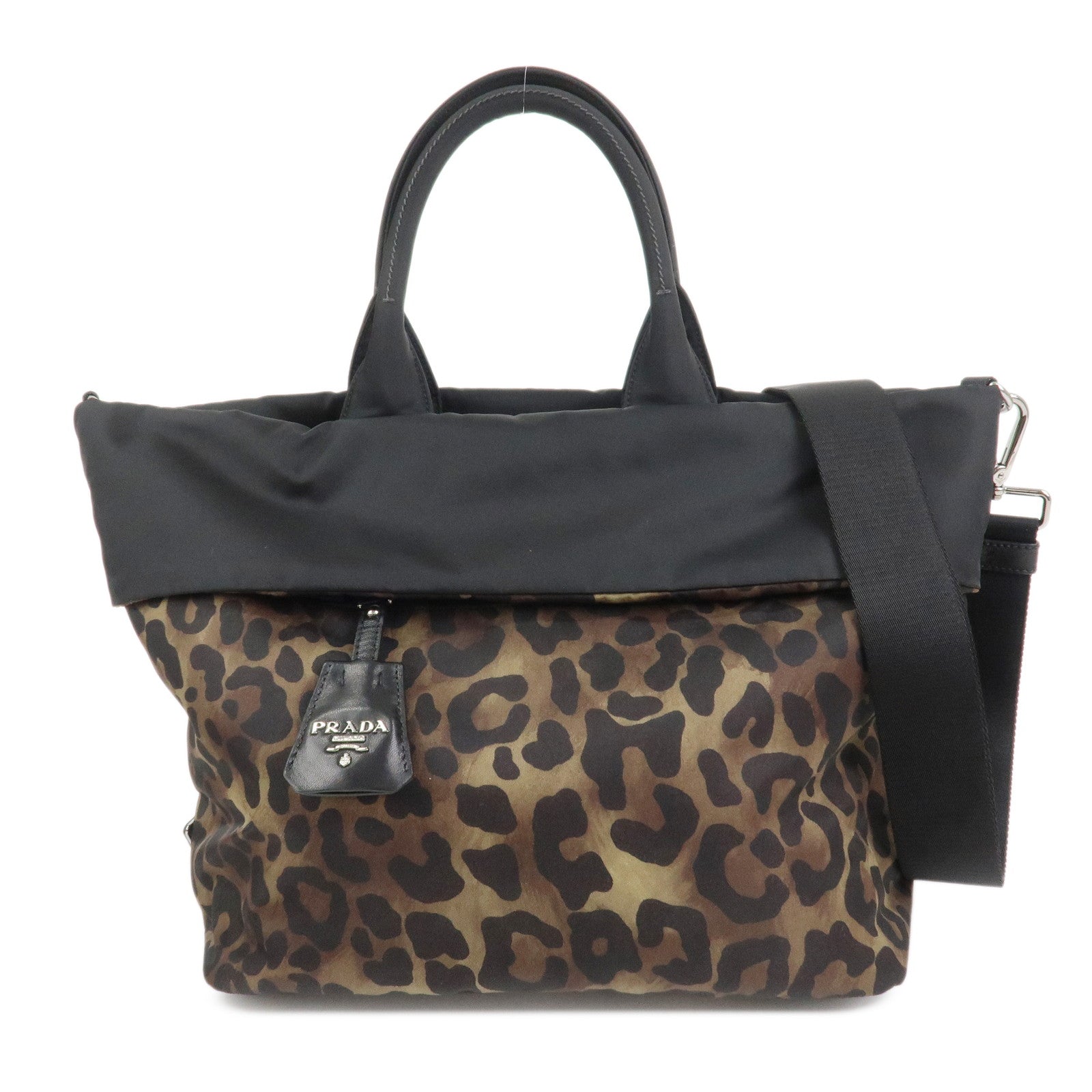 PRADA Logo Nylon Leather Leopard 2Way Bag Shoulder Bag Black B1959V
