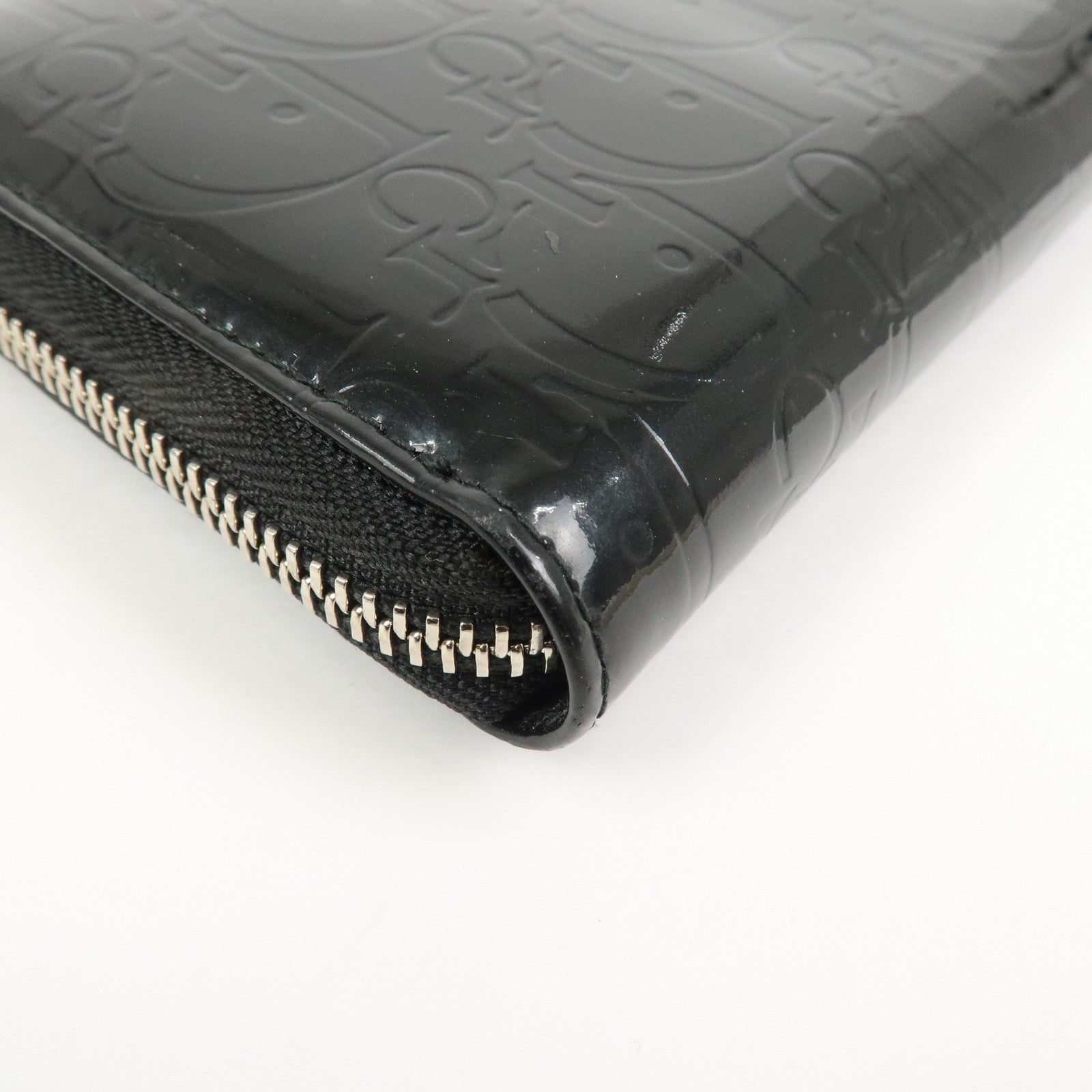 Christian Dior Trotter Patent Leather Round Zippy Long Wallet Black