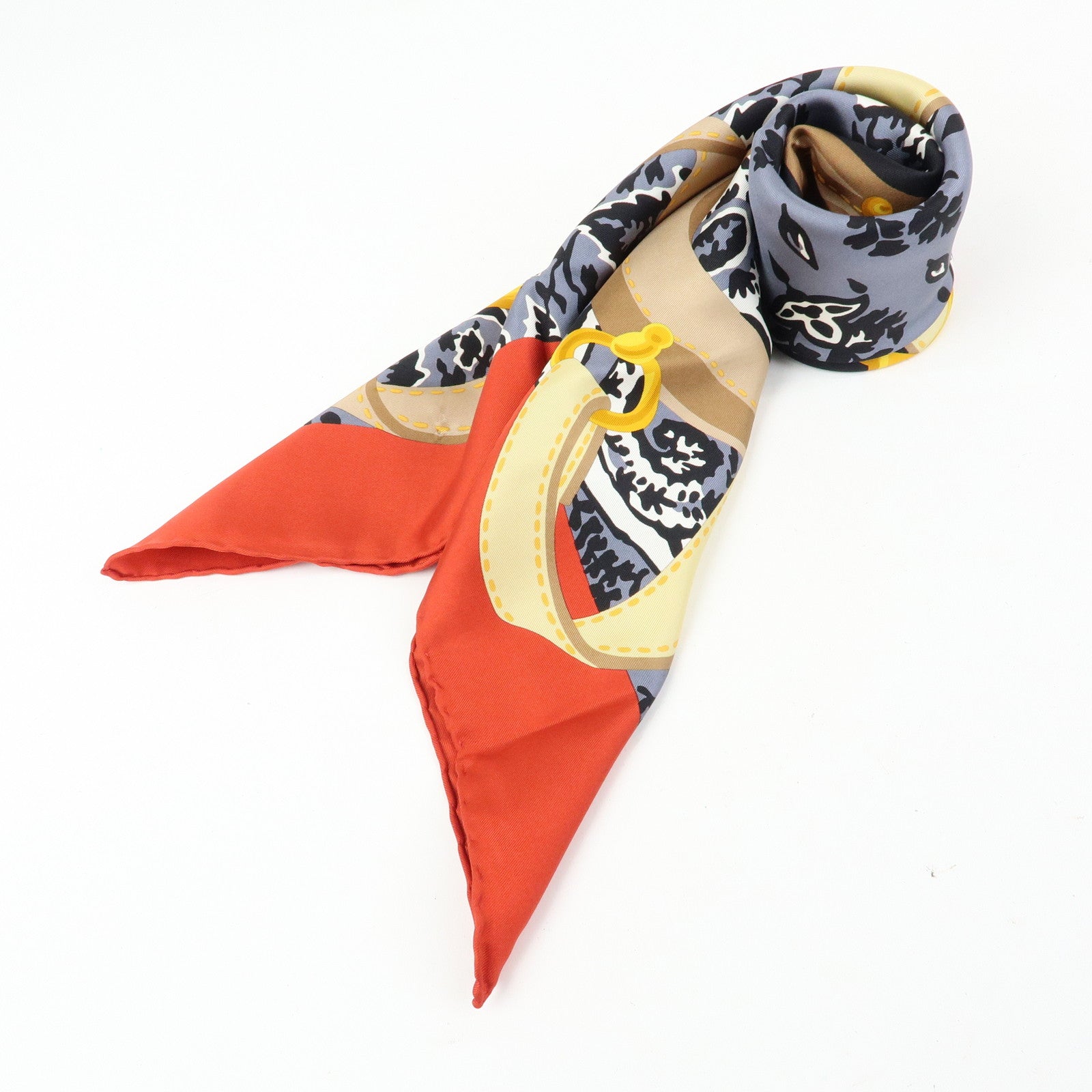 CELINE Silk 100% Scarf Flower Belt Motif Black Red Gold