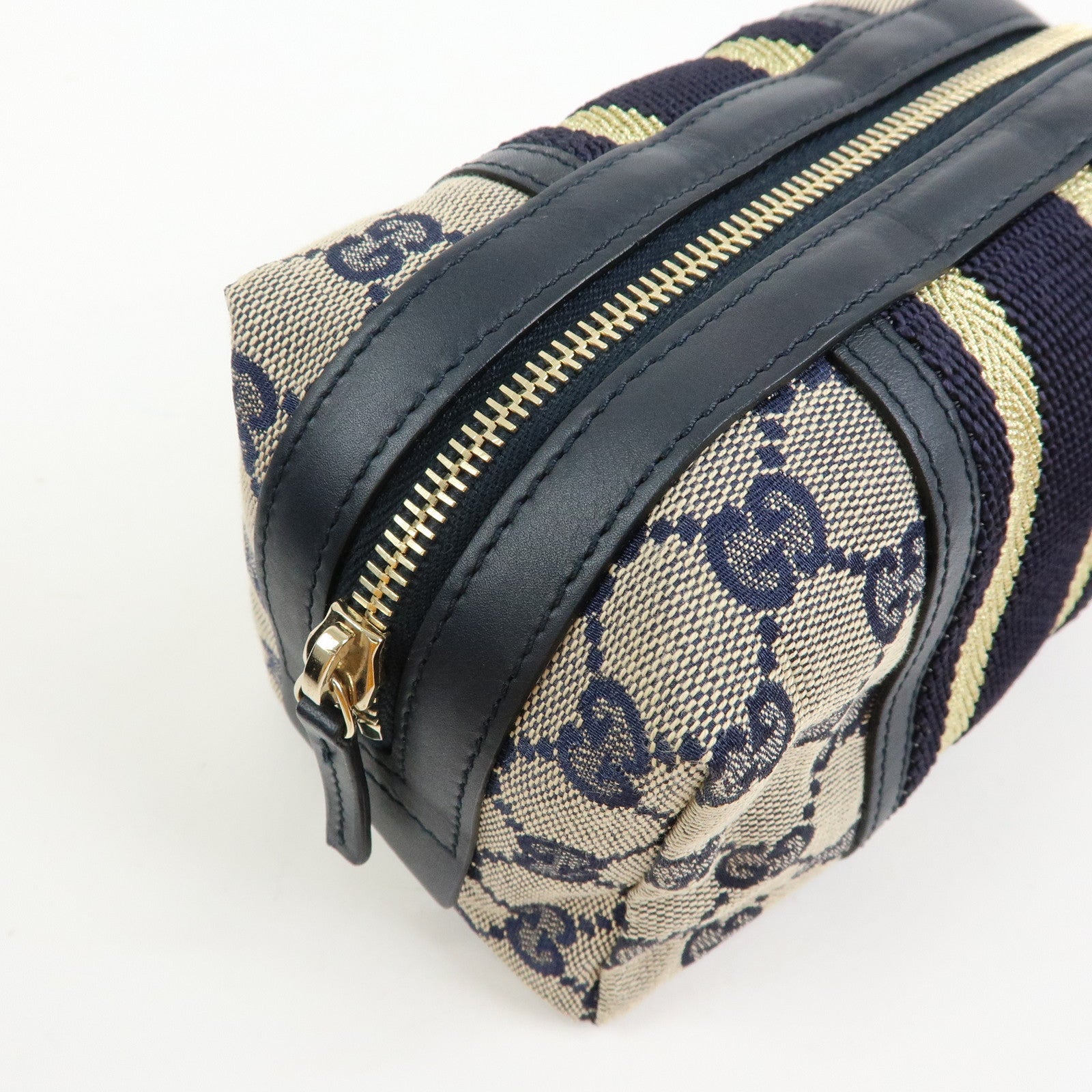 GUCCI Sherry GG Canvas Leather Cosmetic Pouch Navy 256636