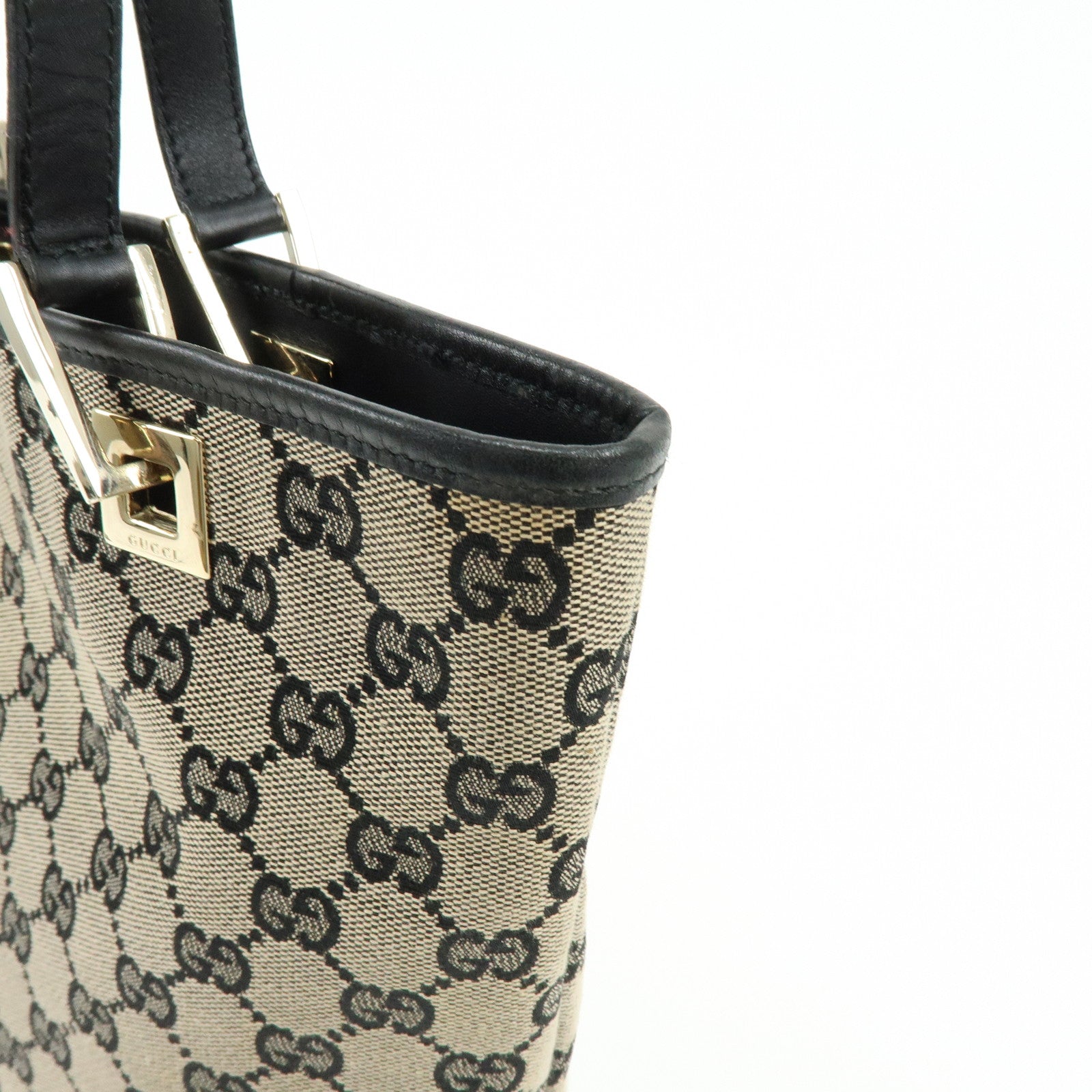 GUCCI GG Canvas Leather Tote Bag Hand Bag Beige Black 0021099